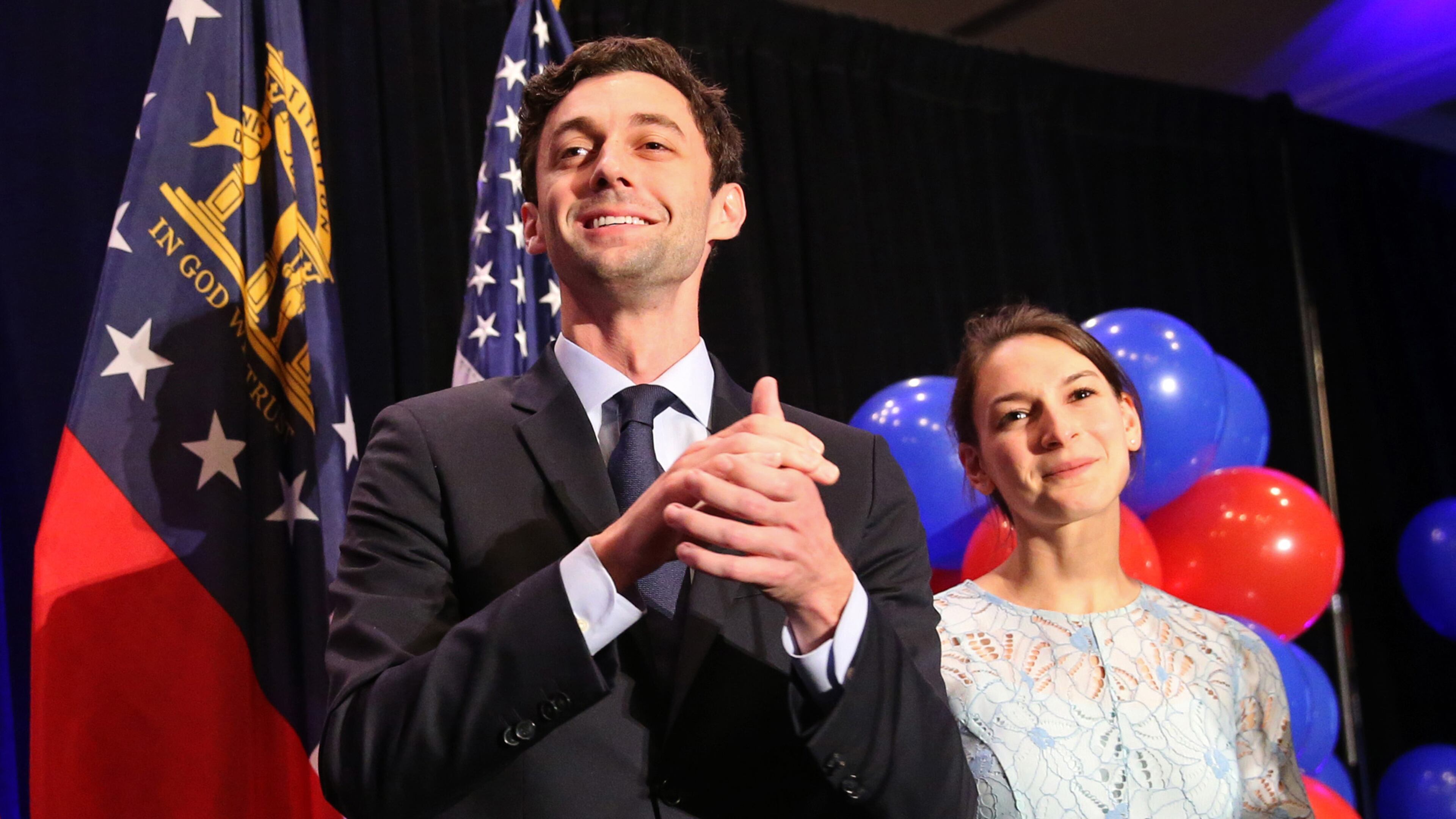 Sixth District congressional candidate Jon Ossoff with his fiancé Alisha Kramer on election night. AJC/Jason Getz
