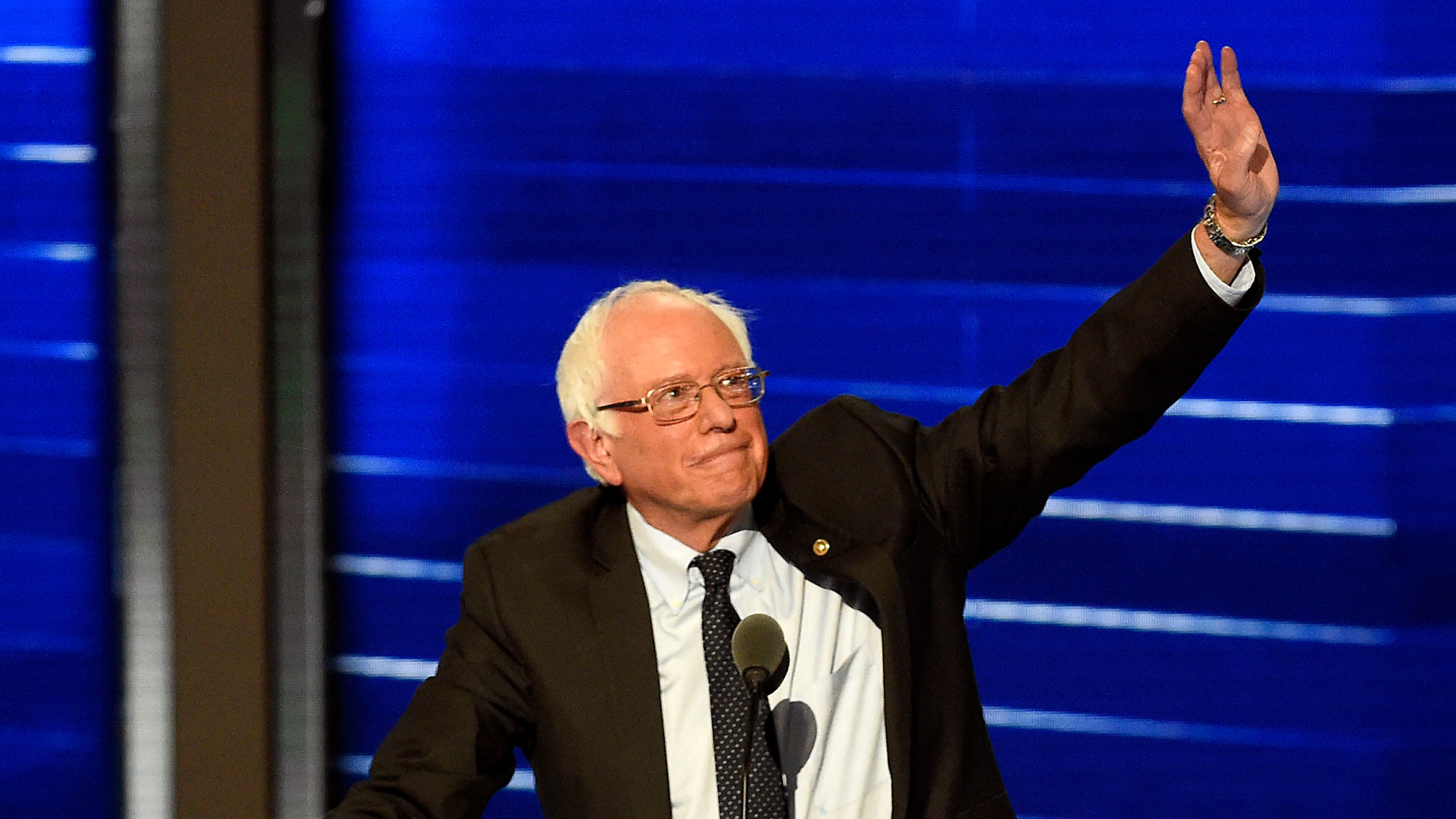 Vermont Sen. Bernie Sanders waves before addressing delegates during the 2016 Democratic National Convention on Monday, July 25, 2016 at the Wells Fargo Center in Philadelphia, Pa. (Clem Murray/Philadelphia Inquirer/TNS)