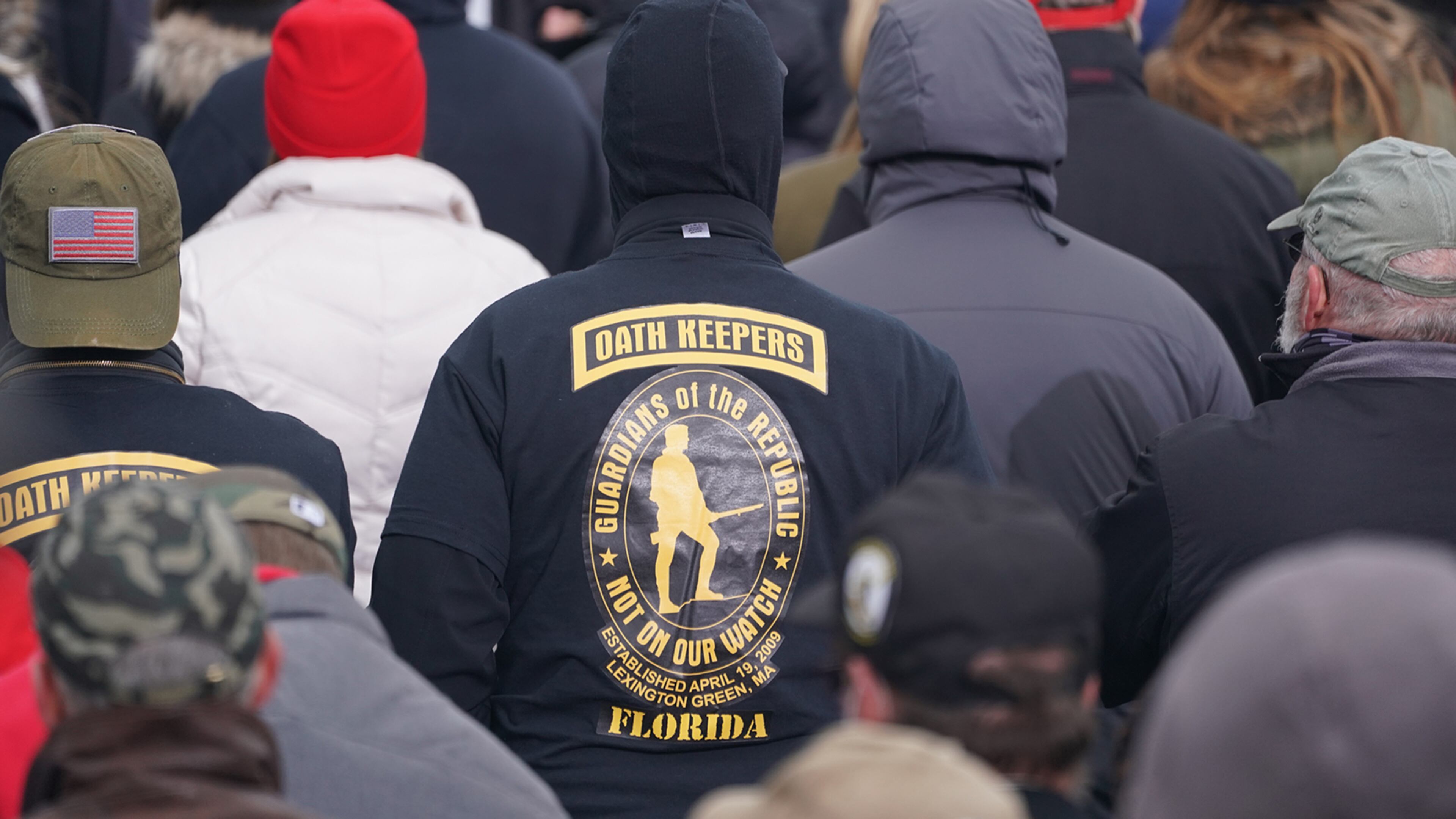 A member of the Oath Keepers looks on as supporters of Donald Trump attend a rally protesting the 2020 election results in Washington, DC., on January 6, 2021. (Bryan Smith/ZUMA Wire/TNS)