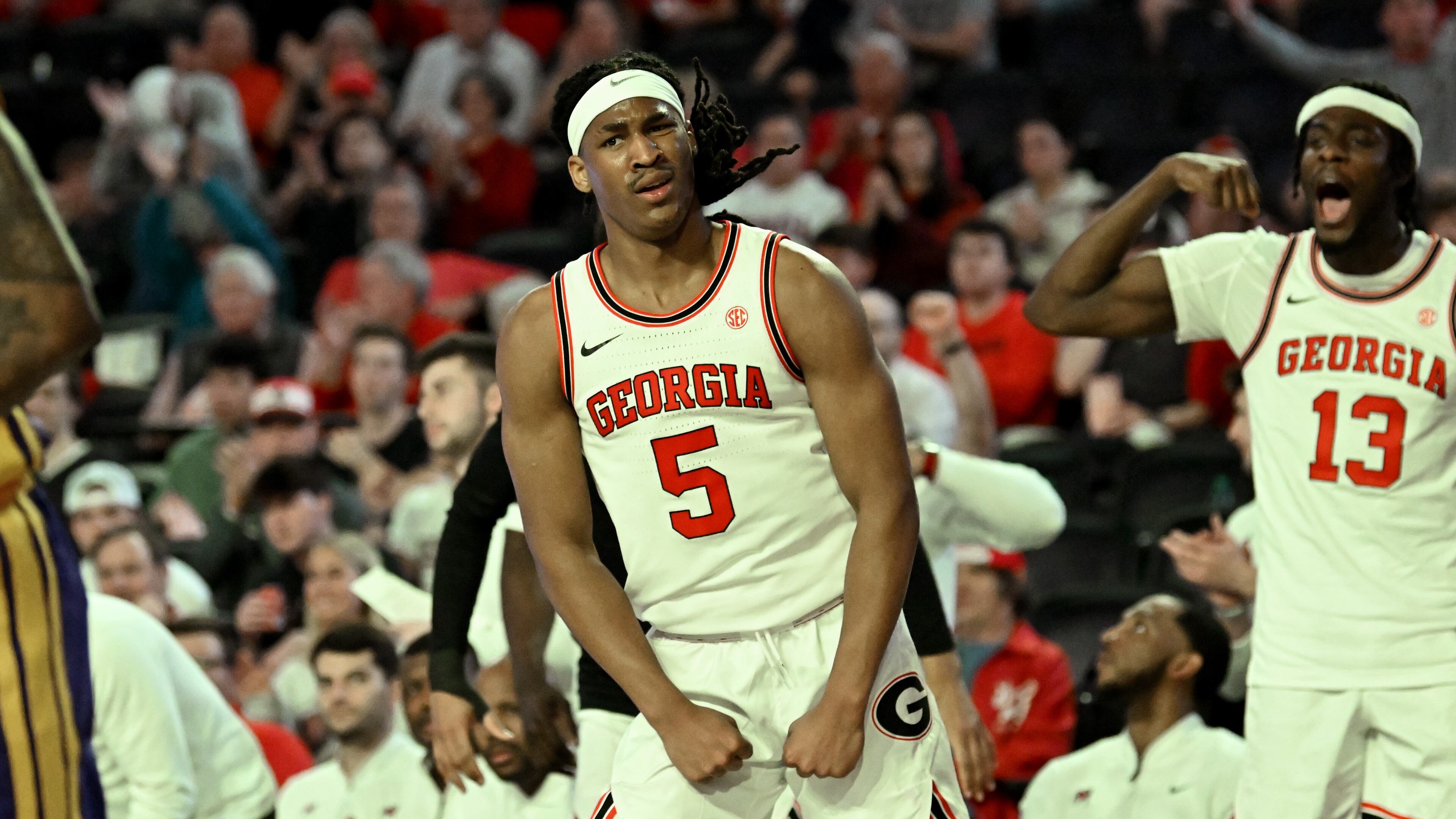 Georgia guard Silas Demary Jr. (5) reacts after scoring during the second half of an NCAA college basketball game at Stegeman Coliseum, Wednesday, February 5, 2025, in Athens. Georgia won 81-62 over LSU. (Hyosub Shin / AJC)