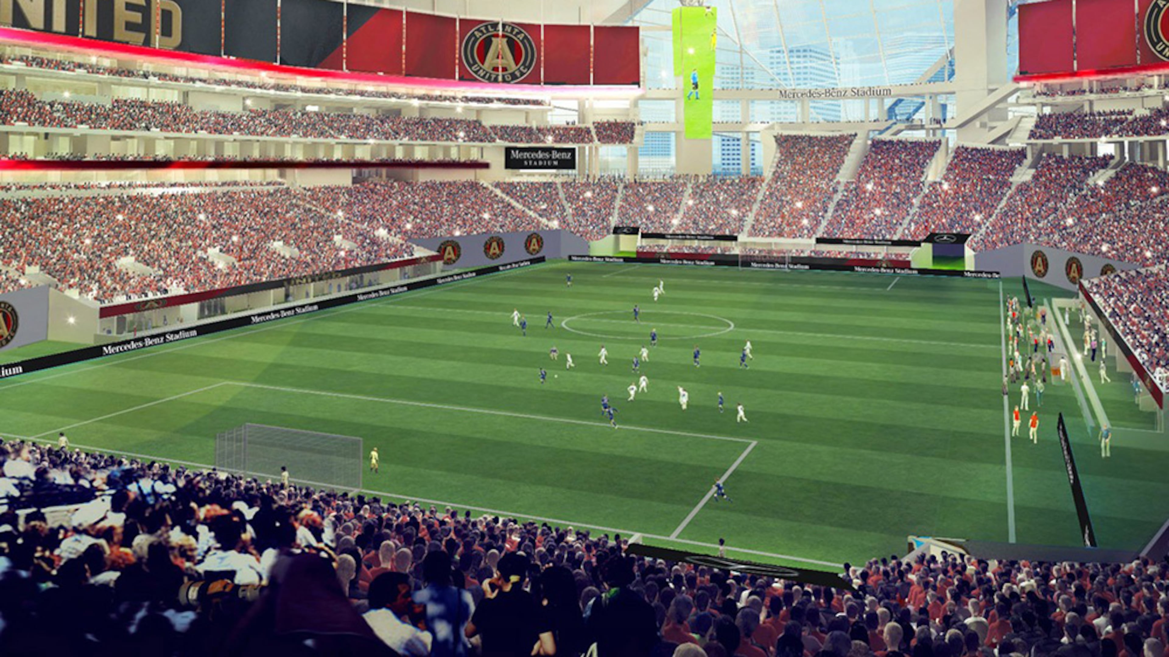 A view of Mercedes-Benz Stadium configured for an MLS Atlanta United soccer match.