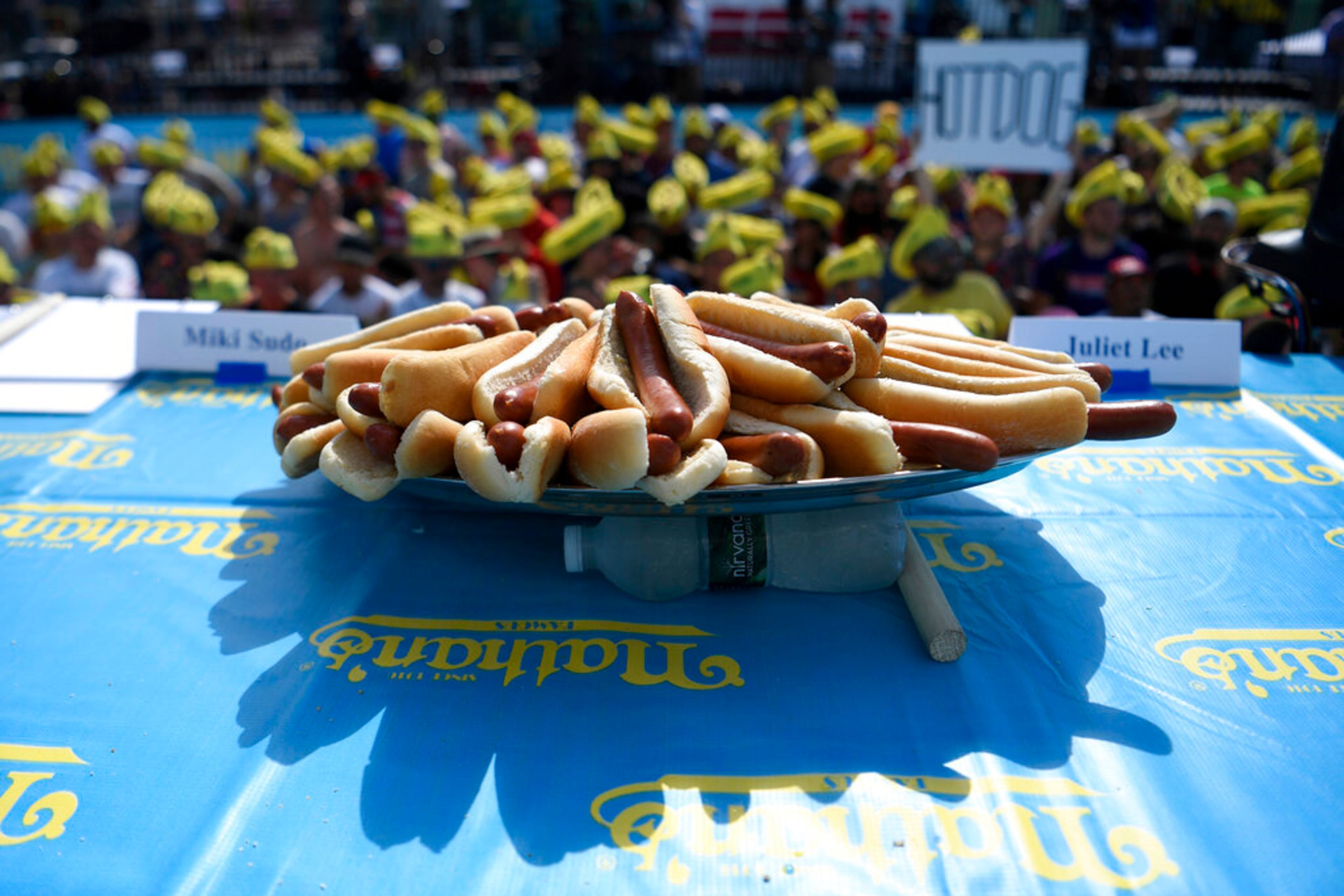 Hot dogs are displayed before the annual Nathan's Famous July Fourth hot dog eating contest, Thursday, July 4, 2019, in New York's Coney Island. (AP Photo/Sarah Stier)