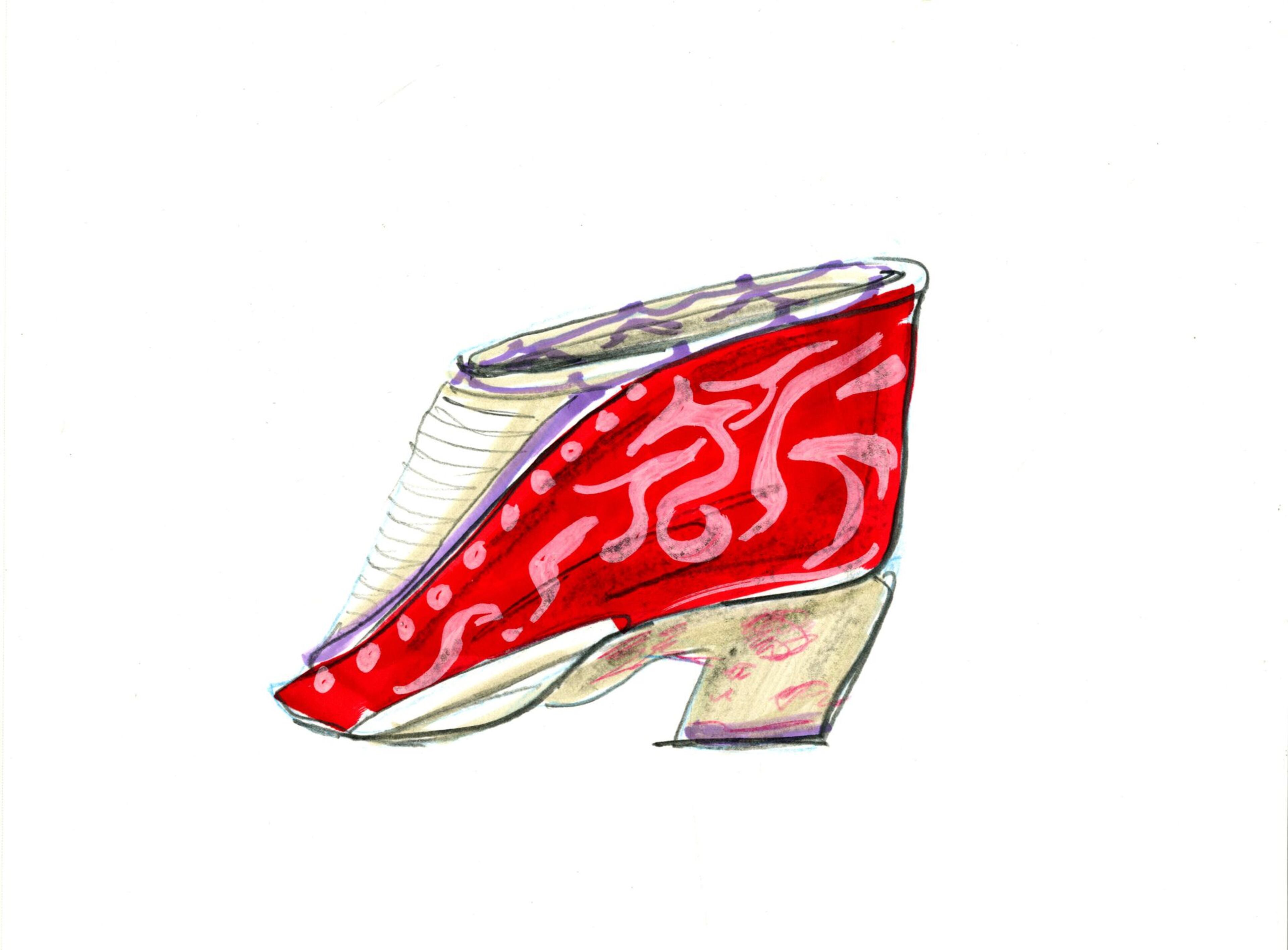 This Votive shoe is on display in the exhibit. Illustrations created by Lara Wolf (M.F.A. illustration, 2007), SCAD fashion professor.