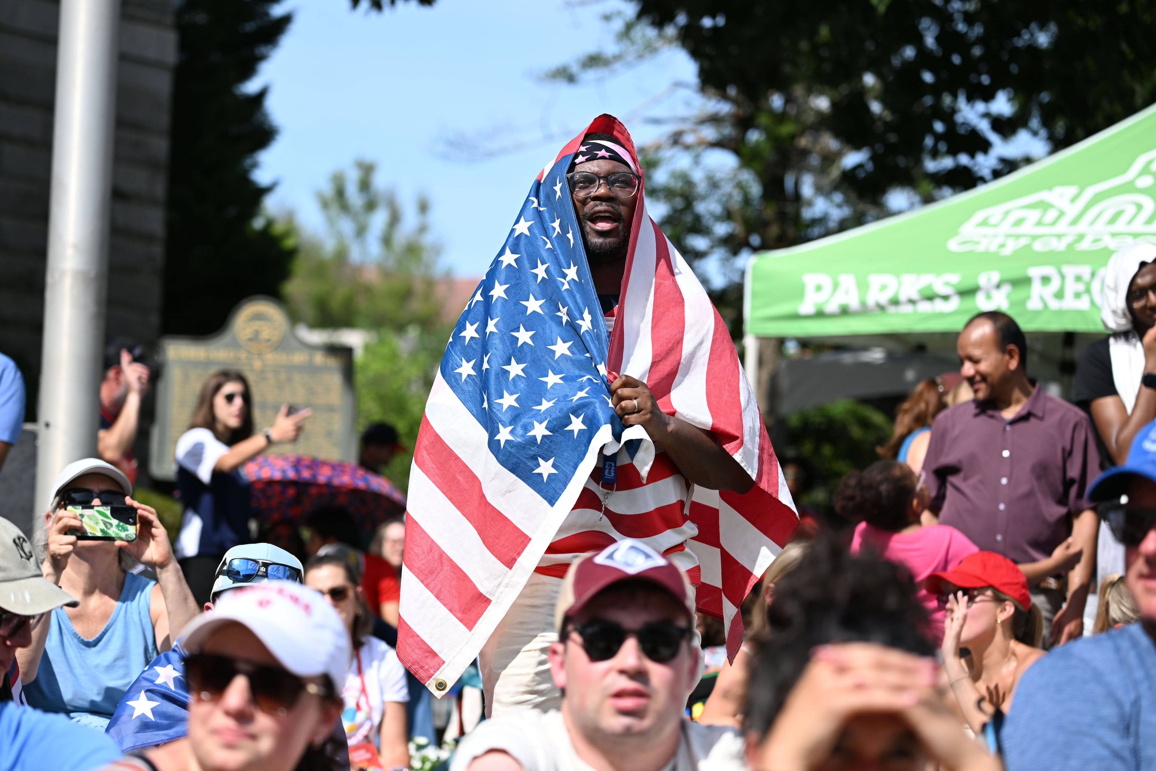 USA soccer fans react as they watch the USA vs. Australia game on a screen during Decatur WatchFest at Decatur Square on Friday, June 19, 2026. (Hyosub Shin/AJC)