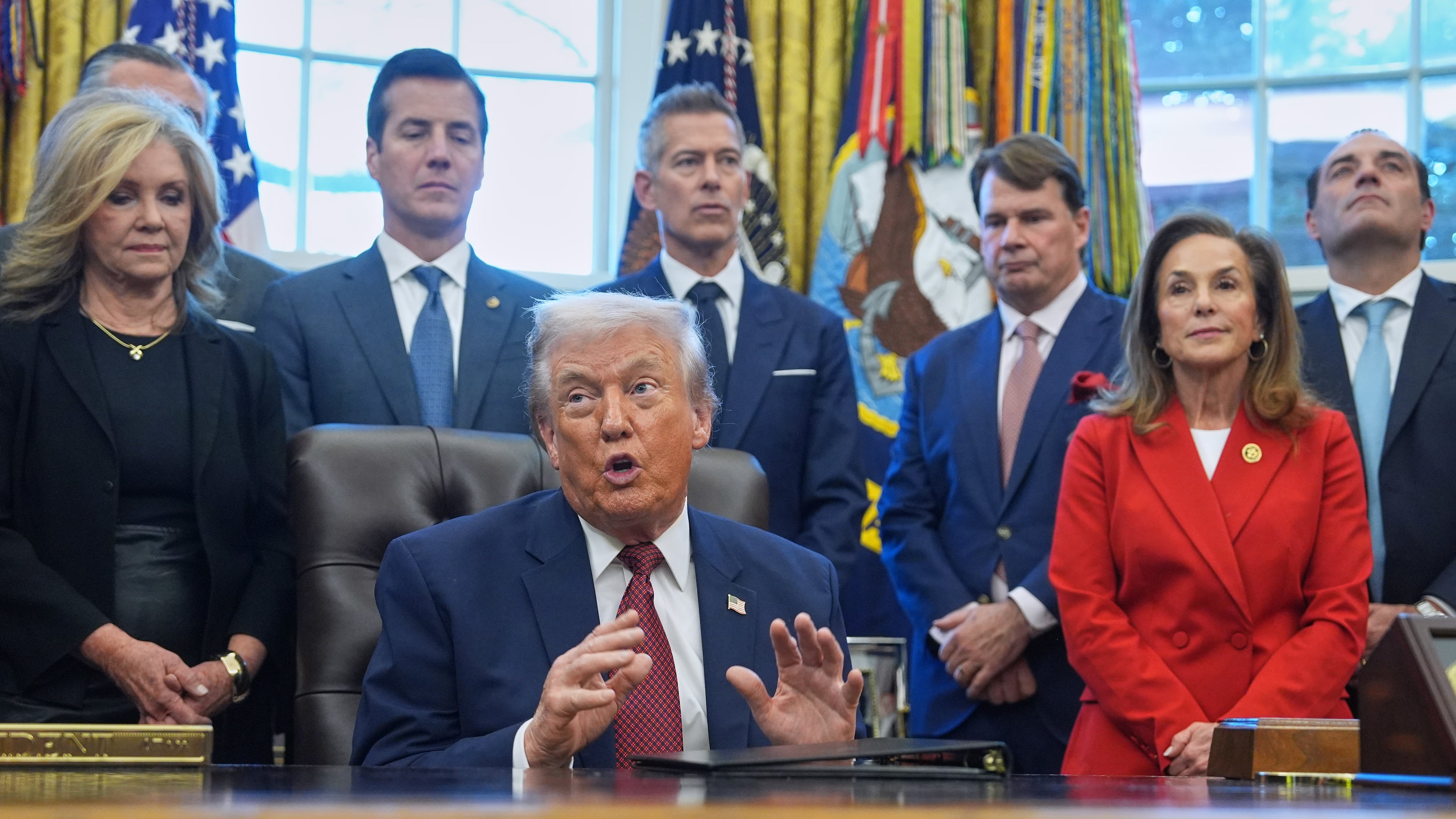 FILE - President Donald Trump speaks during an event on fuel economy standards in the Oval Office of the White House, Dec. 3, 2025, in Washington. (AP Photo/Evan Vucci, File)