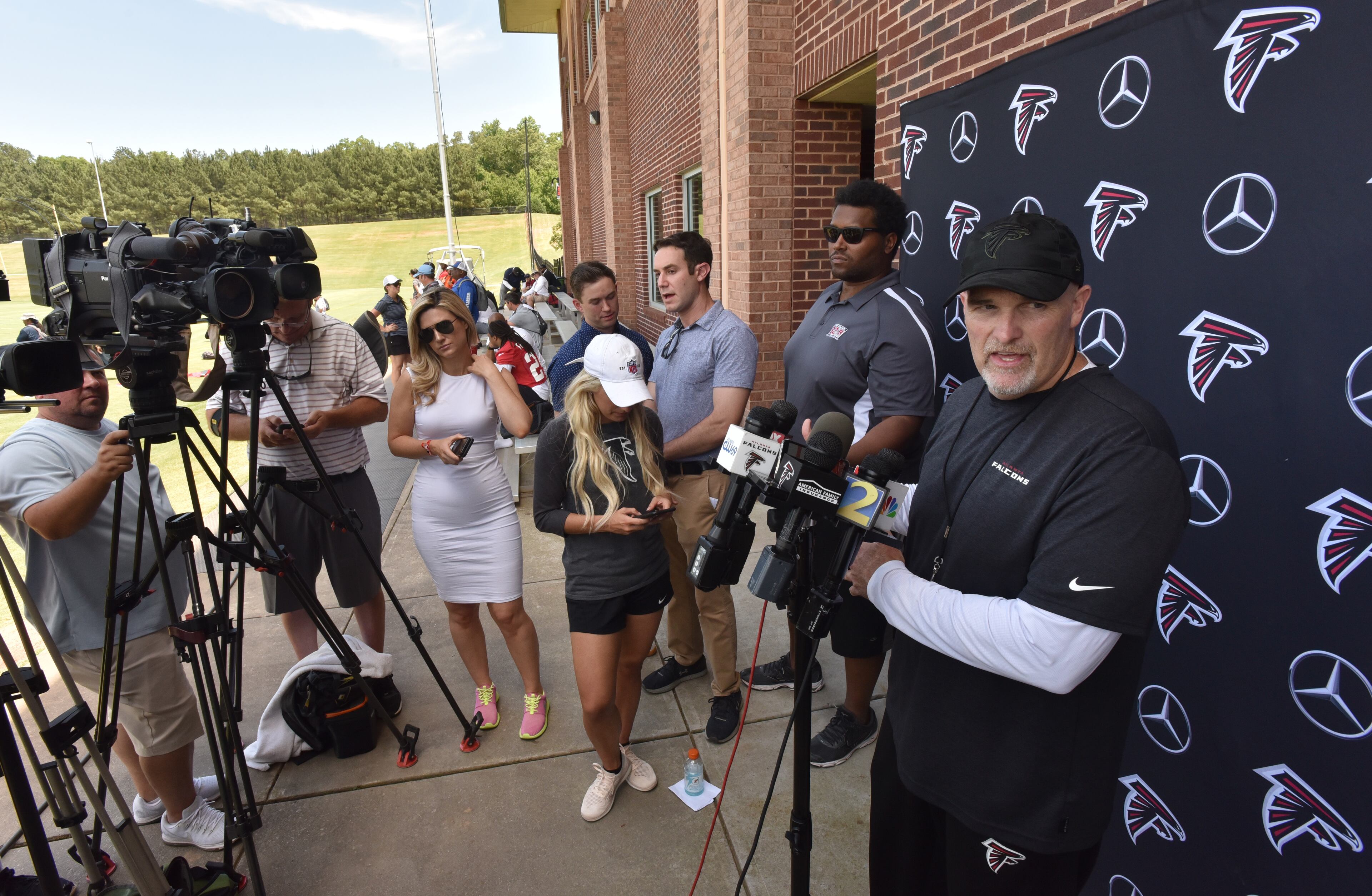 May 30, 2019 Flowery Branch - Atlanta Falcons head coach Dan Quinn speaks to members of the press after team practice at Atlanta Falcons Training Camp in Flowery Branch on Thursday, May 30, 2019. The Falcons are in the second week of Phase Three of the offseason program. They have another week of OTAs before the mandatory minicamp, which is set for June 11 through 13. HYOSUB SHIN / HSHIN@AJC.COM