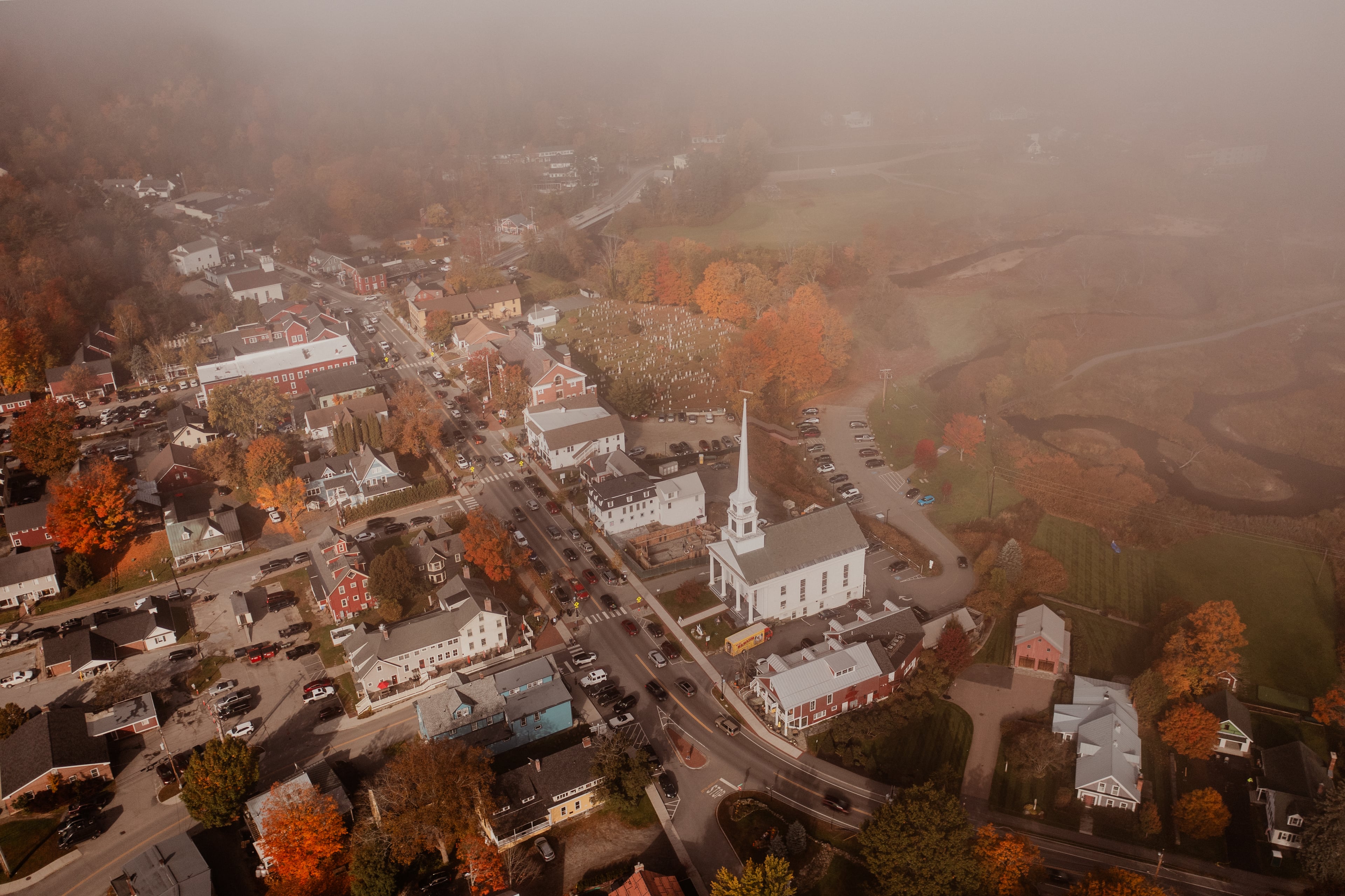 An aerial view of Stowe highlights the charm of this Vermont town. (Courtesy of Nathanael Asaro via Vermont Tourism)