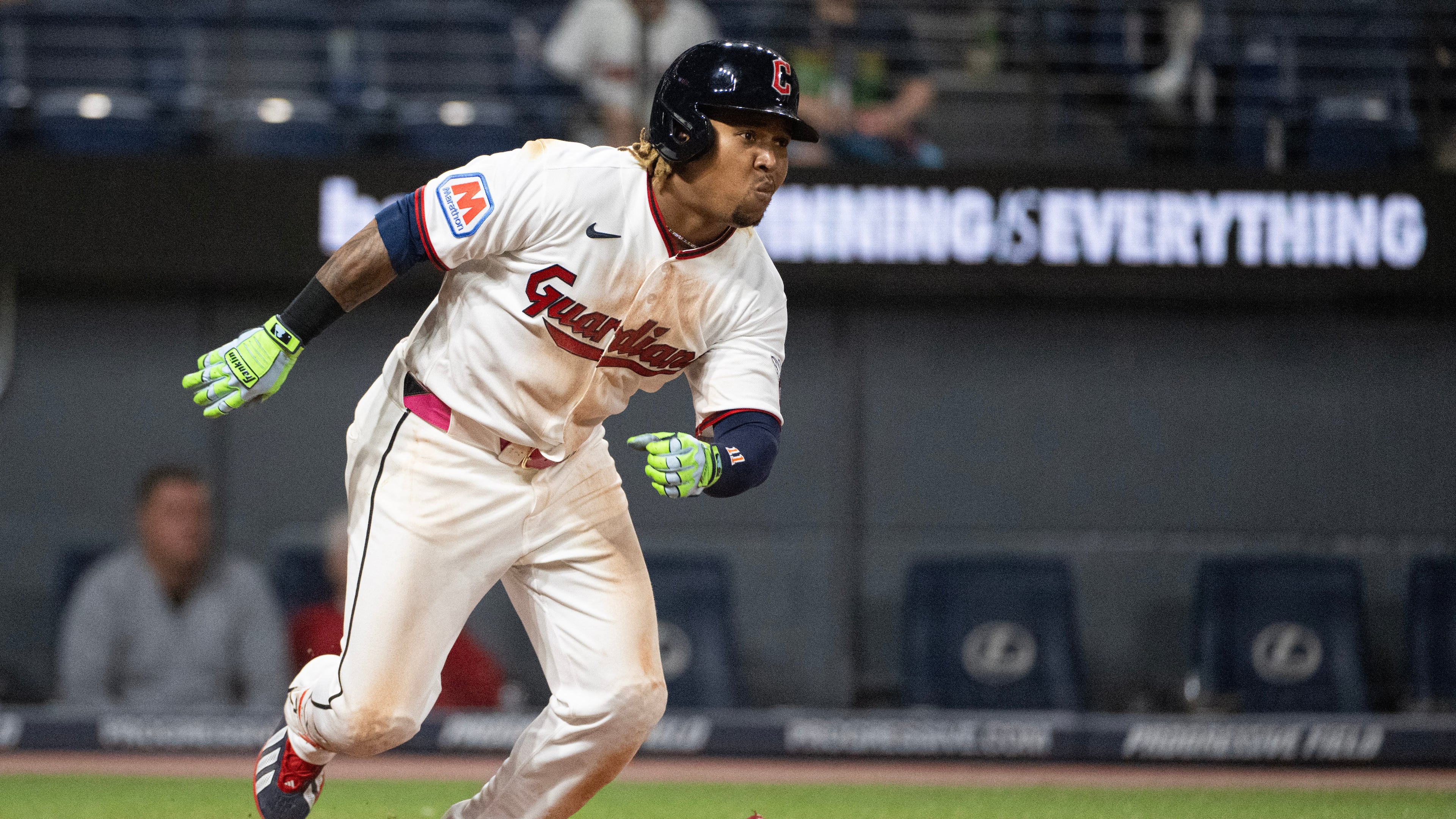 Cleveland Guardians' Jose Ramirez runs out a ground out against the Minnesota Twins during the eighth inning of a baseball game, Wednesday, July 22, 2026, in Cleveland. (AP Photo/Phil Long)