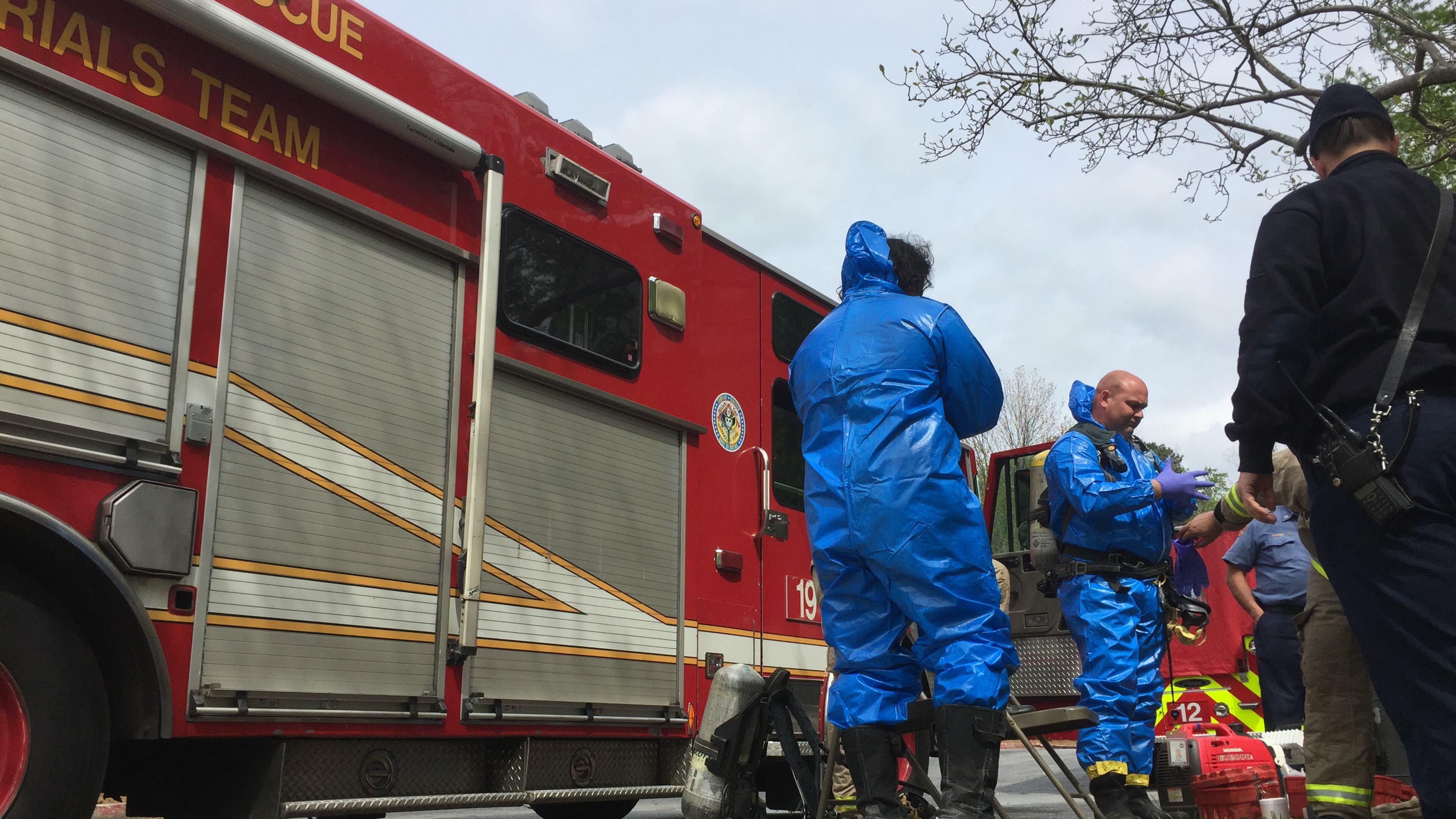 A hazmat team is at the Dunwoody headquarters of the The Atlanta Journal-Constitution after a suspicious package was delivered to the mailroom Wednesday morning.