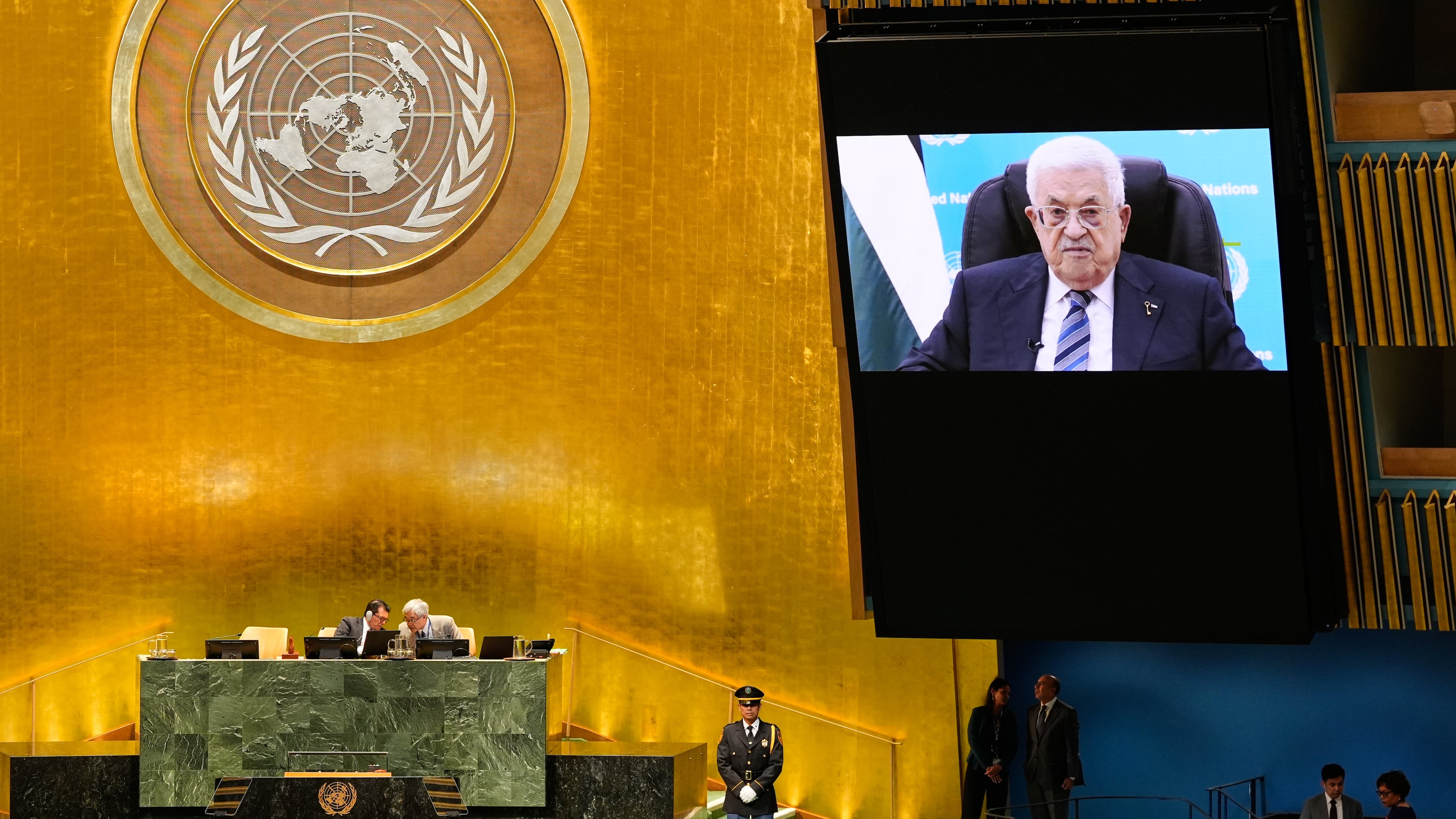 Palestinian President Mahmoud Abbas speaks via pre-recorded video after being denied a visa to attend in person during the 81st session of the United Nations General Assembly at United Nations headquarters, Thursday, Sept. 24, 2026. (AP Photo/Seth Wenig)
