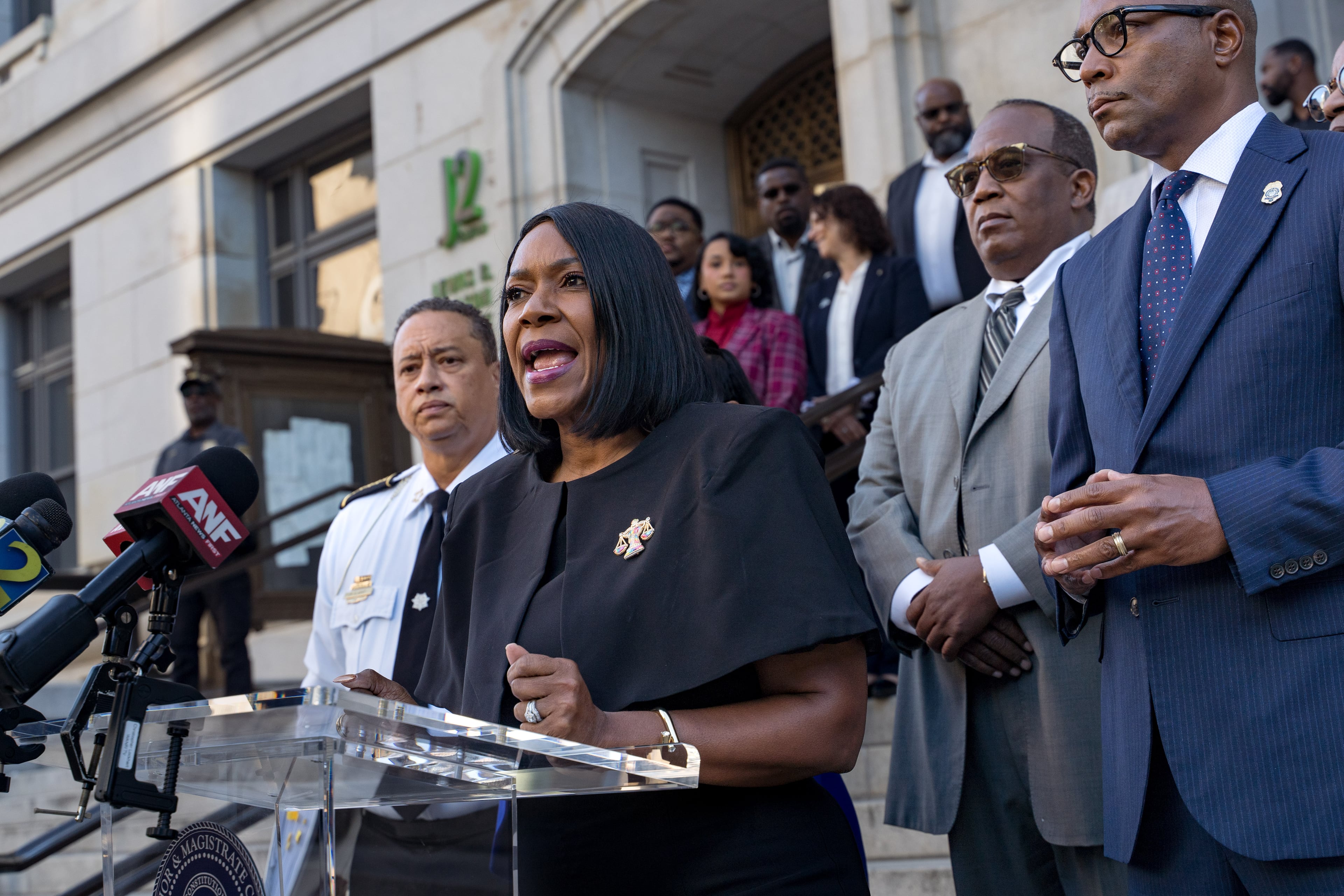 Fulton County Probate Court Chief Judge Kenya Johnson speaks during Wednesday's news conference with other county justice leaders about the 2027 budget process, on the steps of the county courthouse in downtown Atlanta. (Ben Hendren for the AJC)
