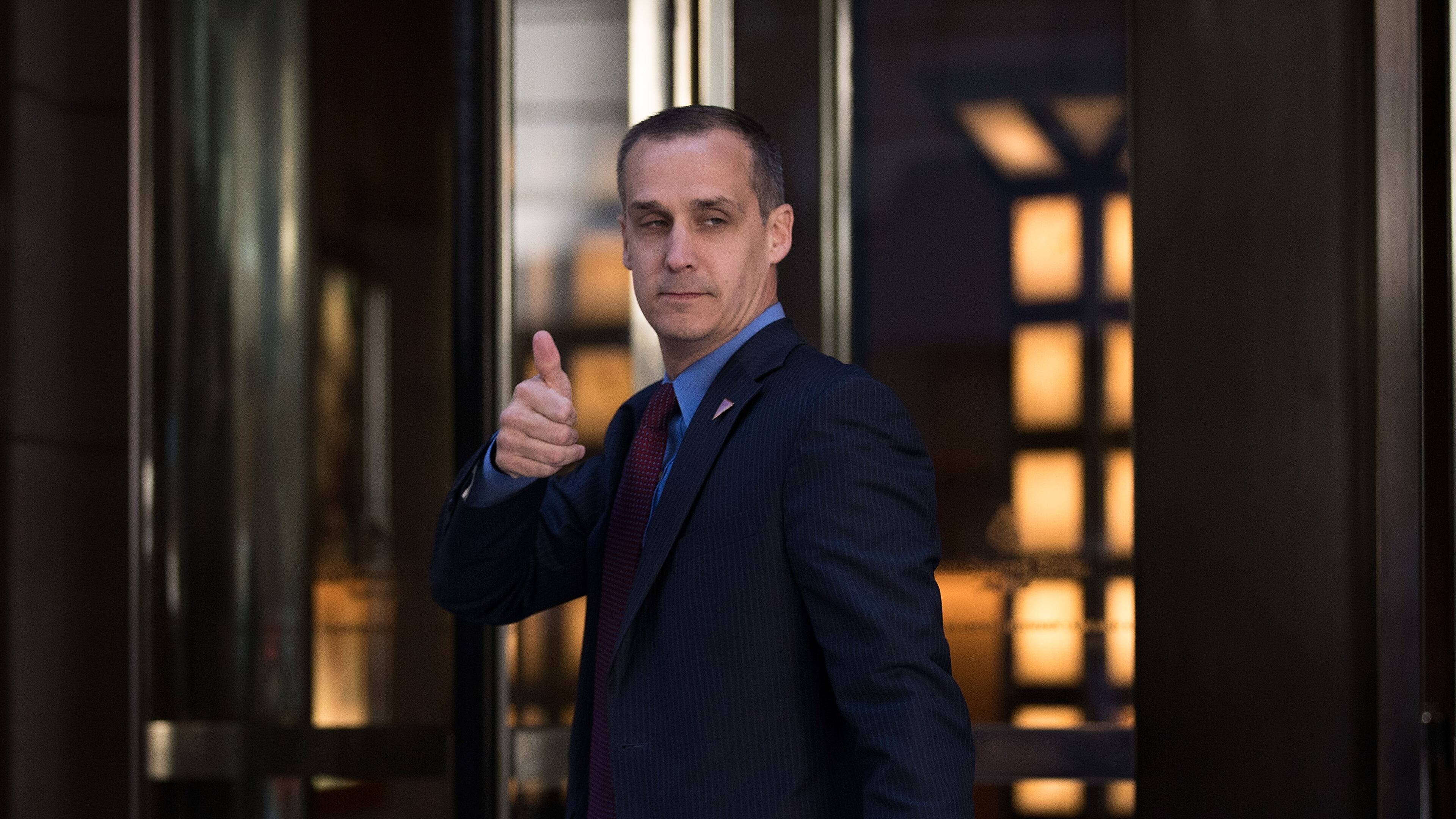 NEW YORK, NY - JUNE 9: Corey Lewandowski, campaign manager for Donald Trump, gives the thumbs up as he leaves the Four Seasons Hotel after a meeting with Trump and Republican donors, June 9, 2016 in New York City. Trump previously stated he planned to raise one billion dollars, but has since pulled back on his fundraising goal. (Photo by Drew Angerer/Getty Images)