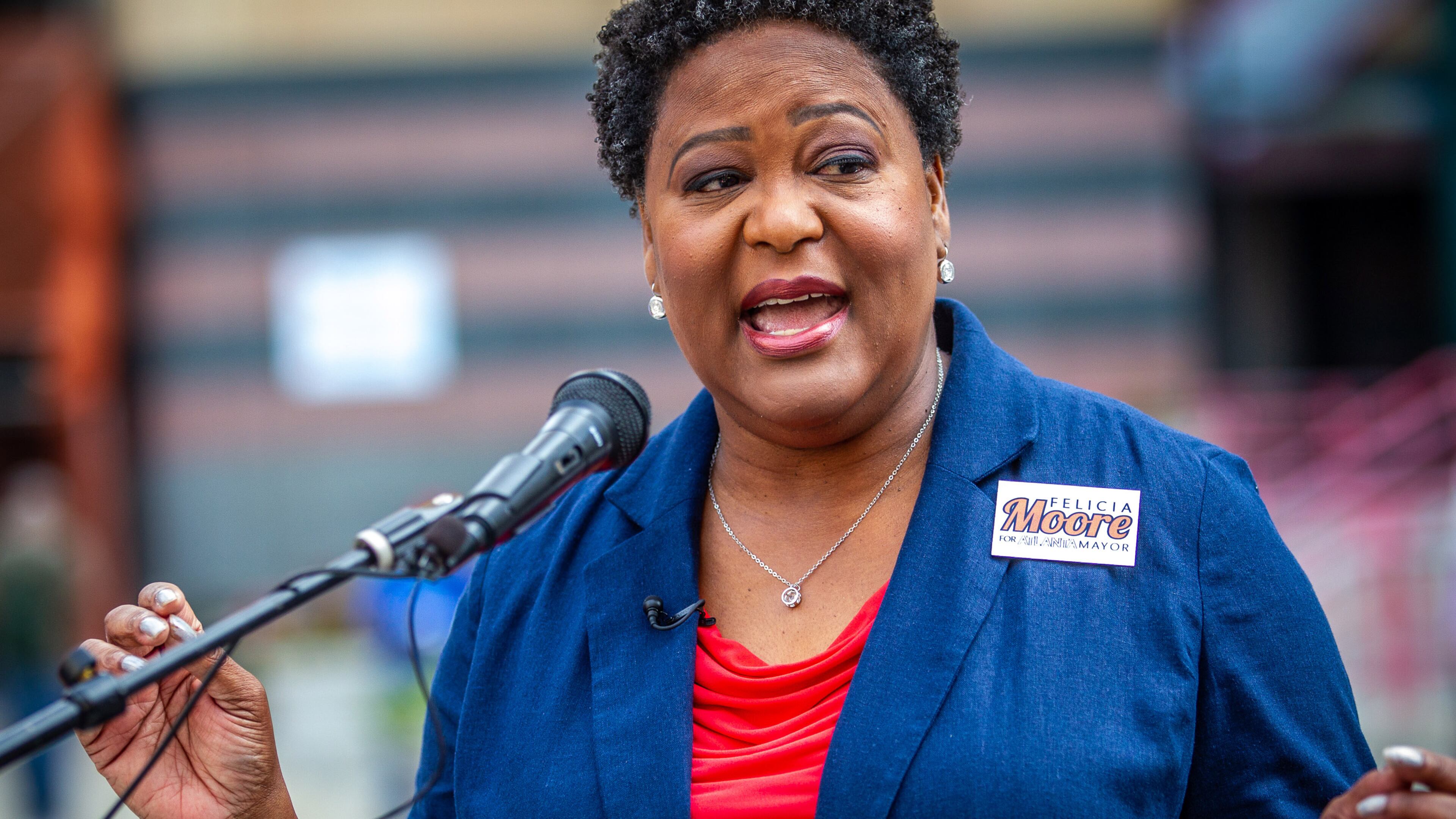 City Council President and mayoral candidate Felicia Moore unveil the details of her plan to fight crime at a press conference in Atlanta Friday, October 1, 2021. STEVE SCHAEFER FOR THE ATLANTA JOURNAL-CONSTITUTION