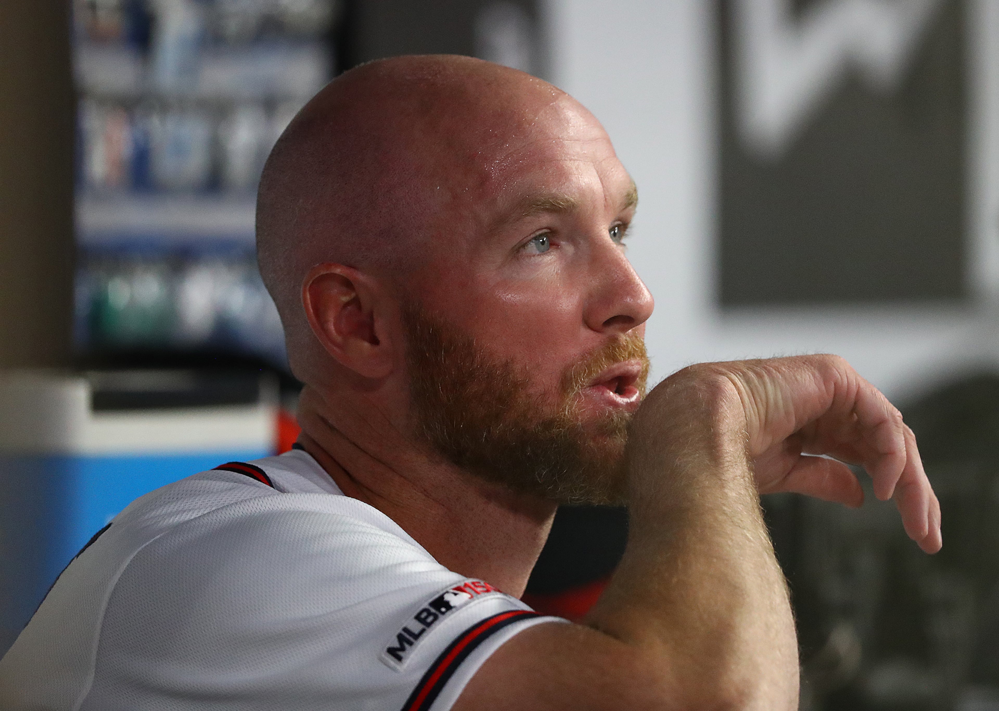 Braves pitcher Johnny Venters sits in the dugout after being removed from the game. Curtis Compton/ccompton@ajc.com