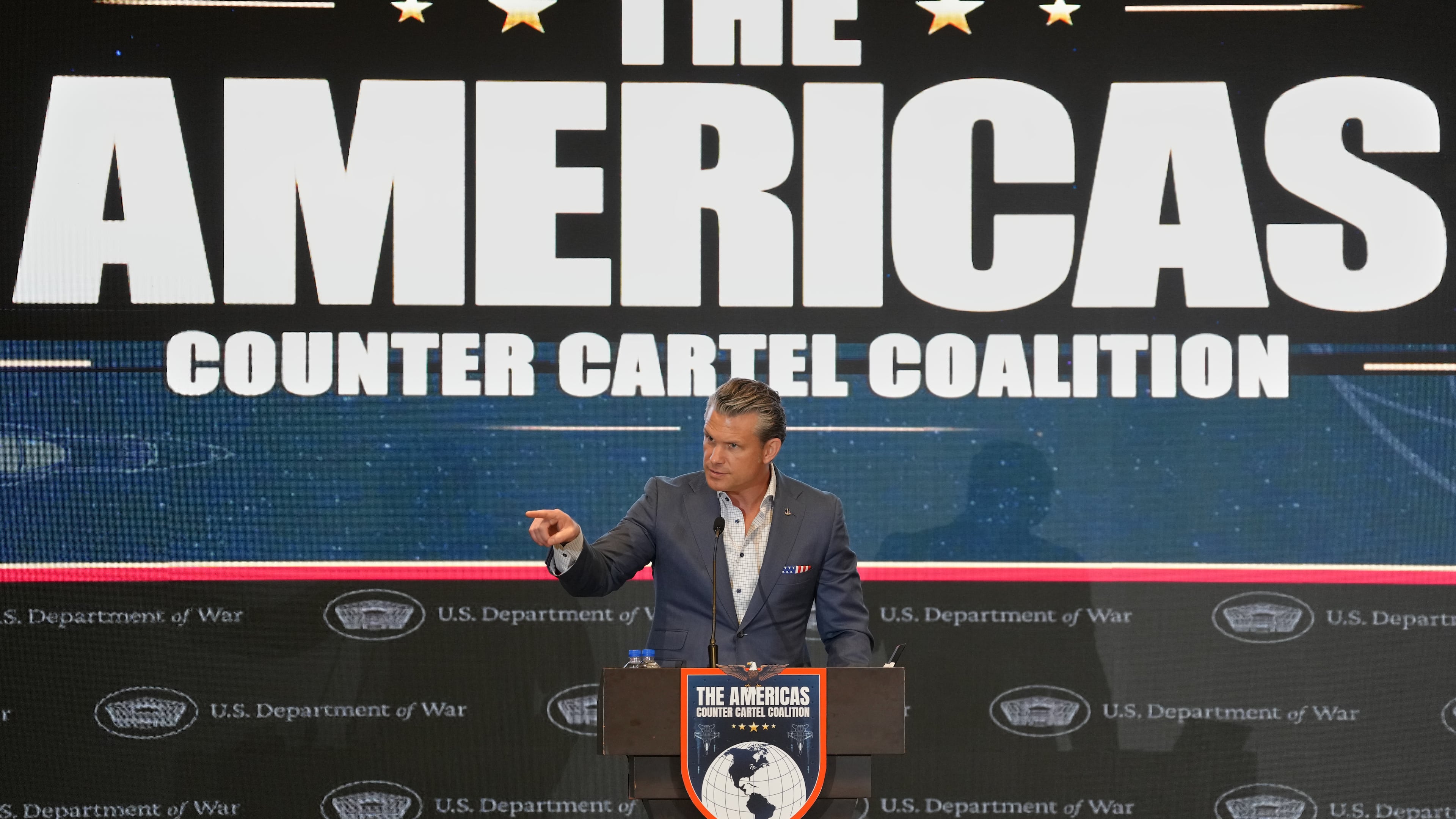 U.S. Defense Secretary Pete Hegseth speaks at a forum of The Americas Counter Cartel Coalition in Panama City, Wednesday, Aug. 12, 2026. (AP Photo/Matias Delacroix)