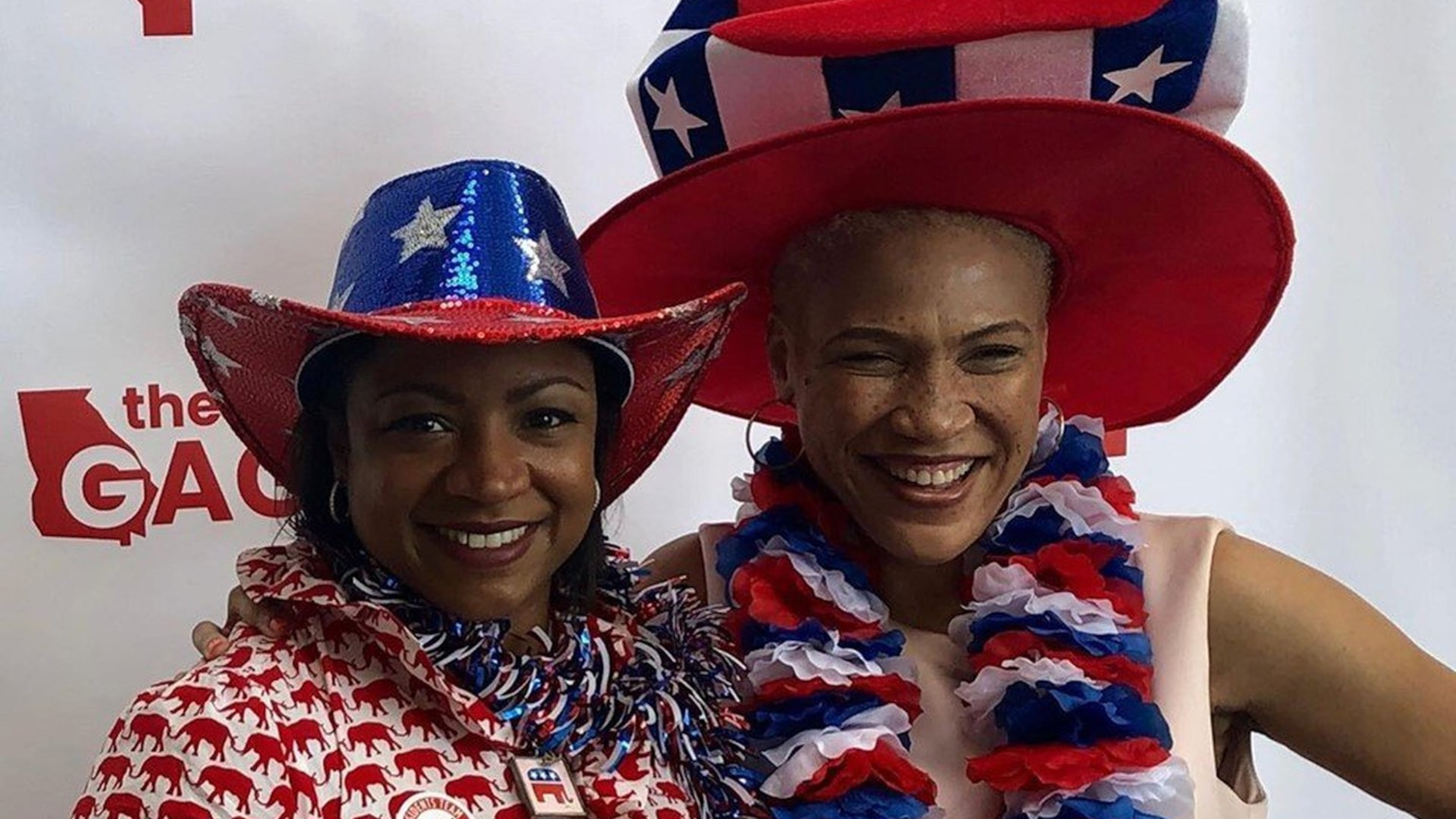 Kaaryn Walker (right), the head of Black Conservatives for Truth, and fellow member Felice Pete at the state GOP convention this summer. It can be very difficult being a black conservative and you have to have a certain thickness of skin, Walker said.