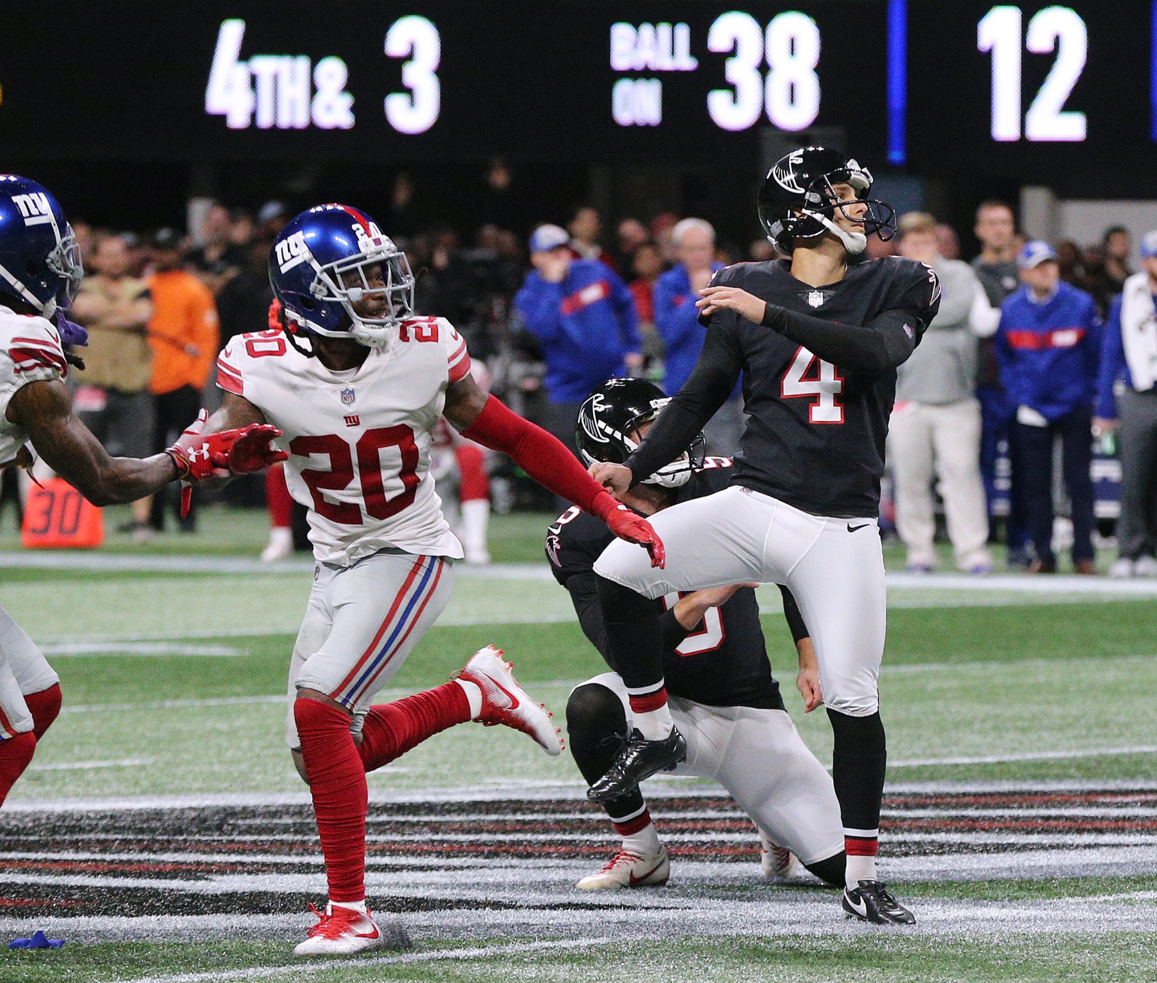 October 22, 2018 Atlanta: Atlanta Falcons replacement kicker Giorgio Tavecchio and New York Giants Janoris Jenkins watch his third fieldgoal of the game for a 23-12 lead over the New York Giants during the fourth quarter in a NFL football game on Monday, Oct 22, 2018, in Atlanta. The kick proved to be the difference in the game for a 23-20 Falcons victory. Curtis Compton/ccompton@ajc.com