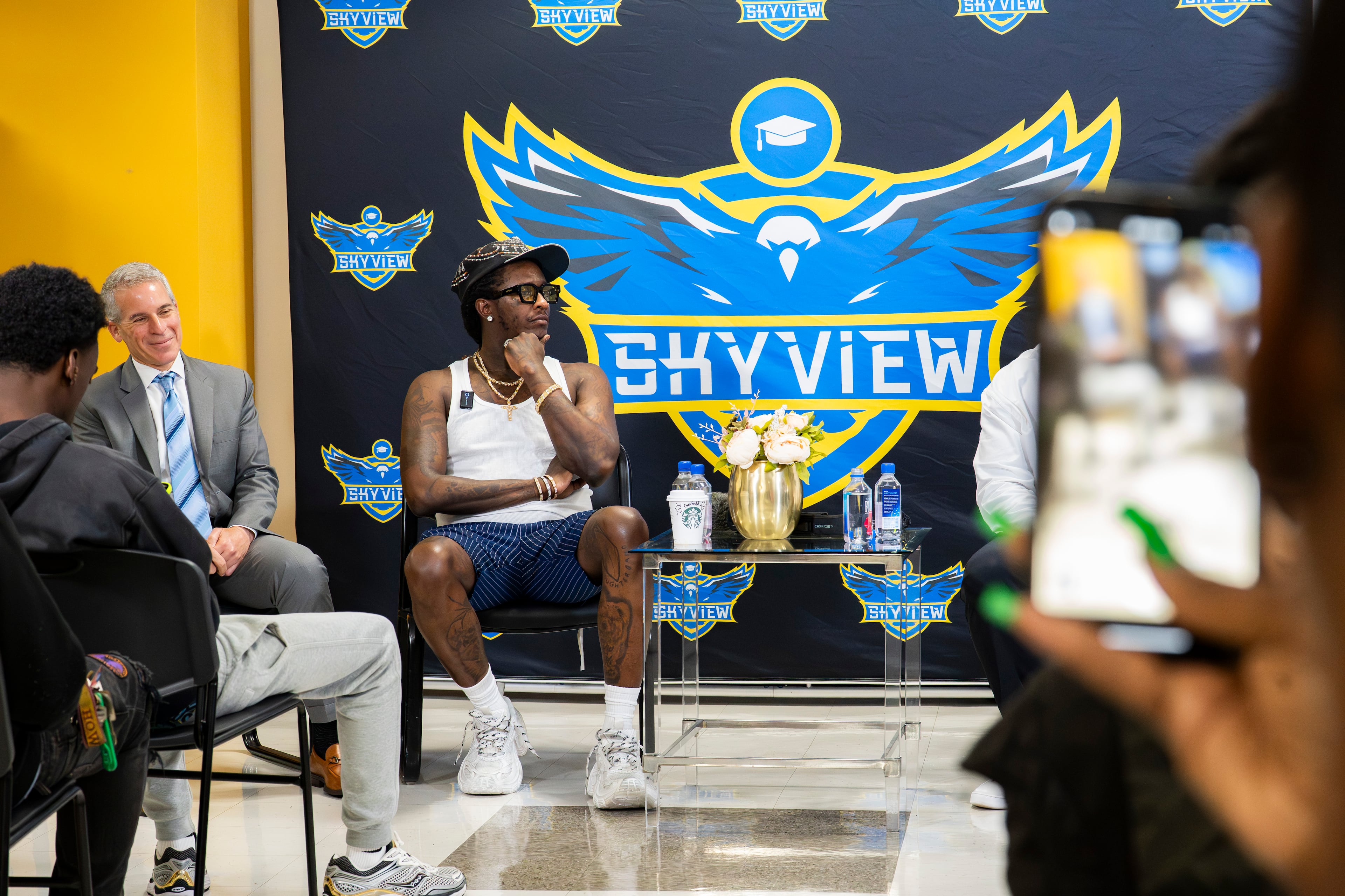 Jeffery Williams, known as rapper Young Thug, speaks to students at Skyview High School on Aug. 1, 2025. The appearance is part of his court-mandated anti-gang outreach, one of the few conditions under which he is permitted to return to Atlanta. (Olivia Bowdoin for the AJC)