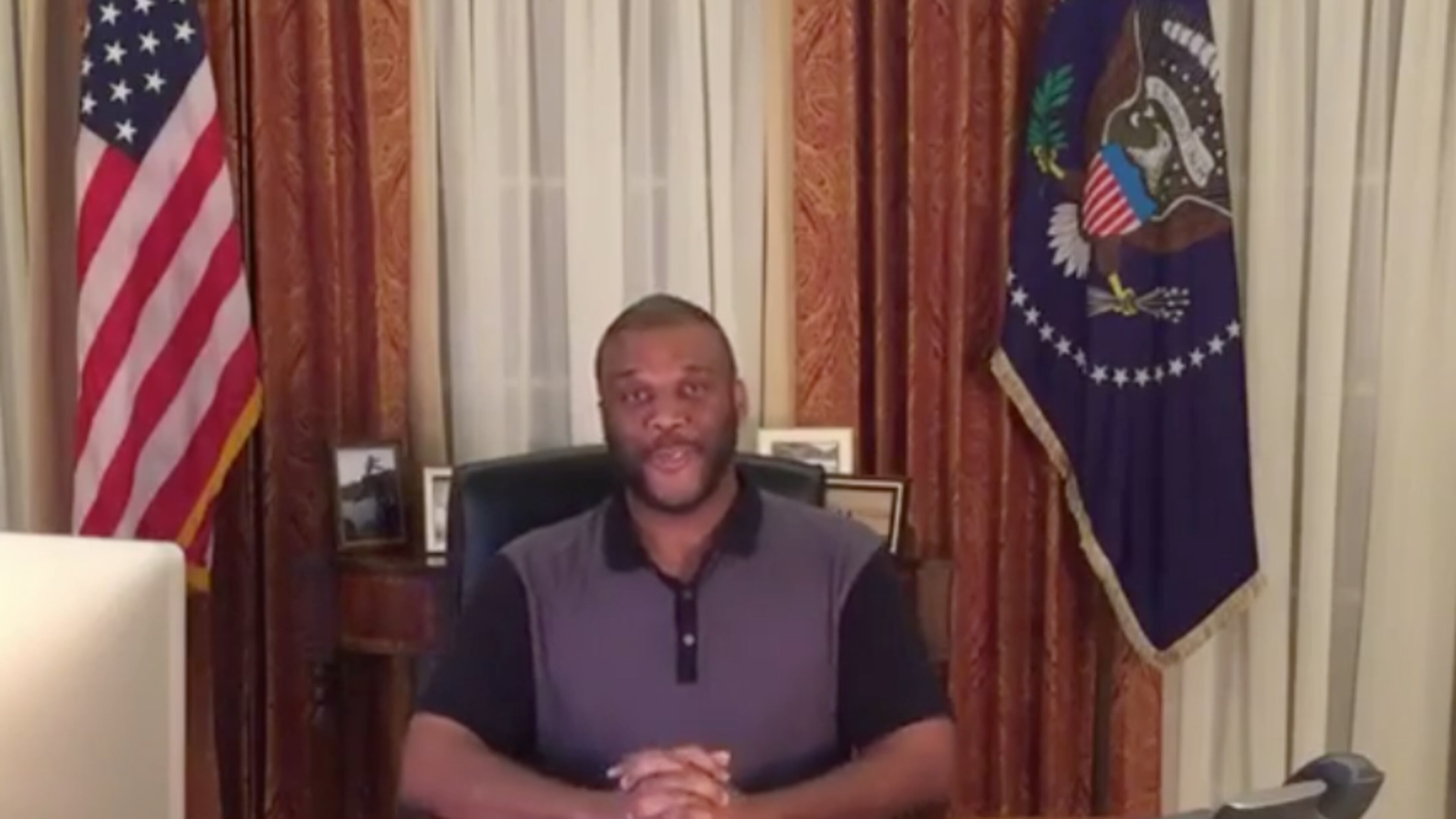 Tyler Perry addressed his fellow Americans from the "Oval Office" recently. It's the set of his new TLC series "Too Close to Home."