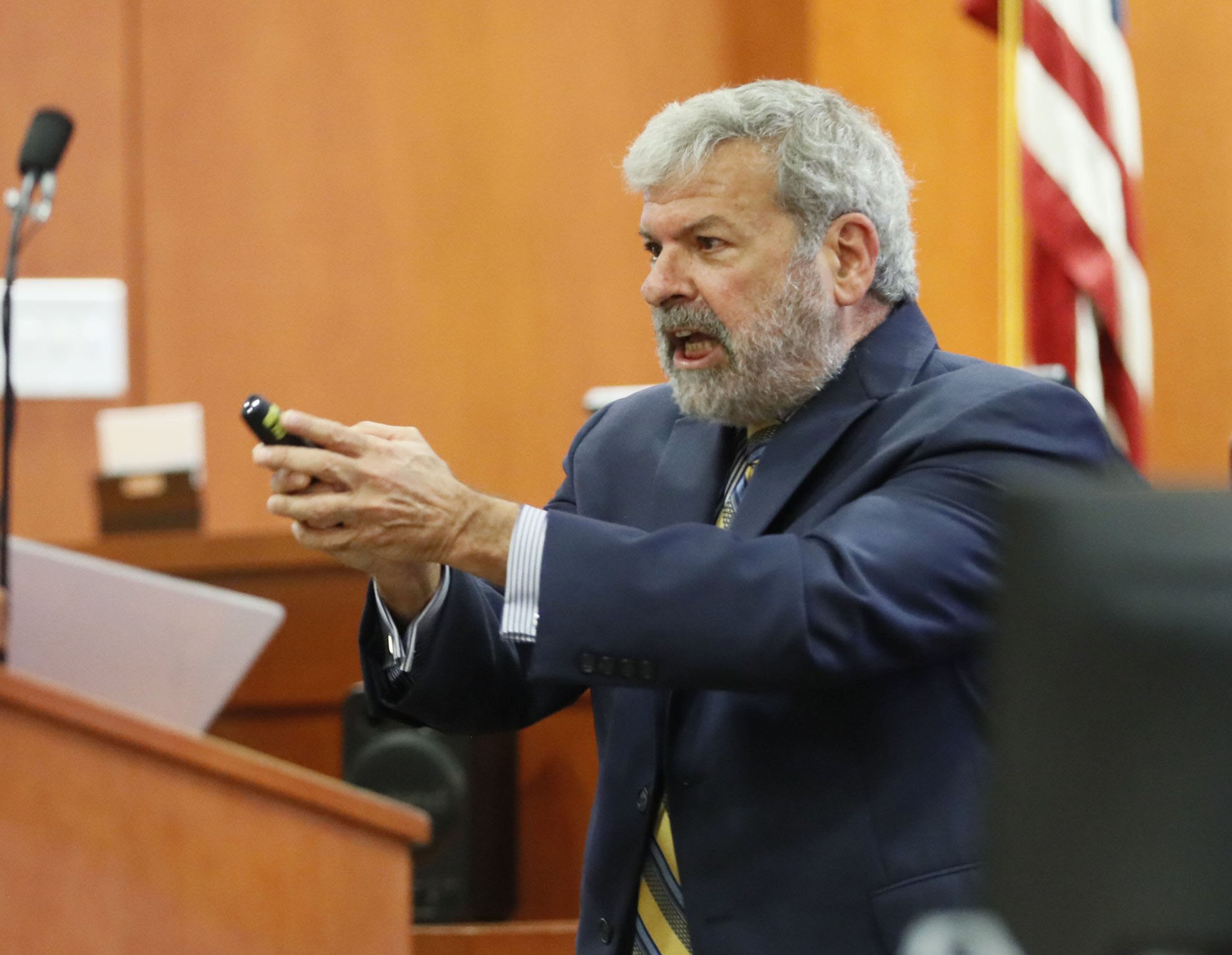 September 26, 2019 - Decatur - Defense attorney Don Samuel's describes how Robert Olsen ordered Anthony Hill to stop during his opening statement. The murder trial of former DeKalb County police officer Robert "Chip" Olsen began as attorneys worked to strike a jury this morning. Opening statements followed. Olsen is charged with murdering war veteran Anthony Hill. Bob Andres / robert.andres@ajc.com
