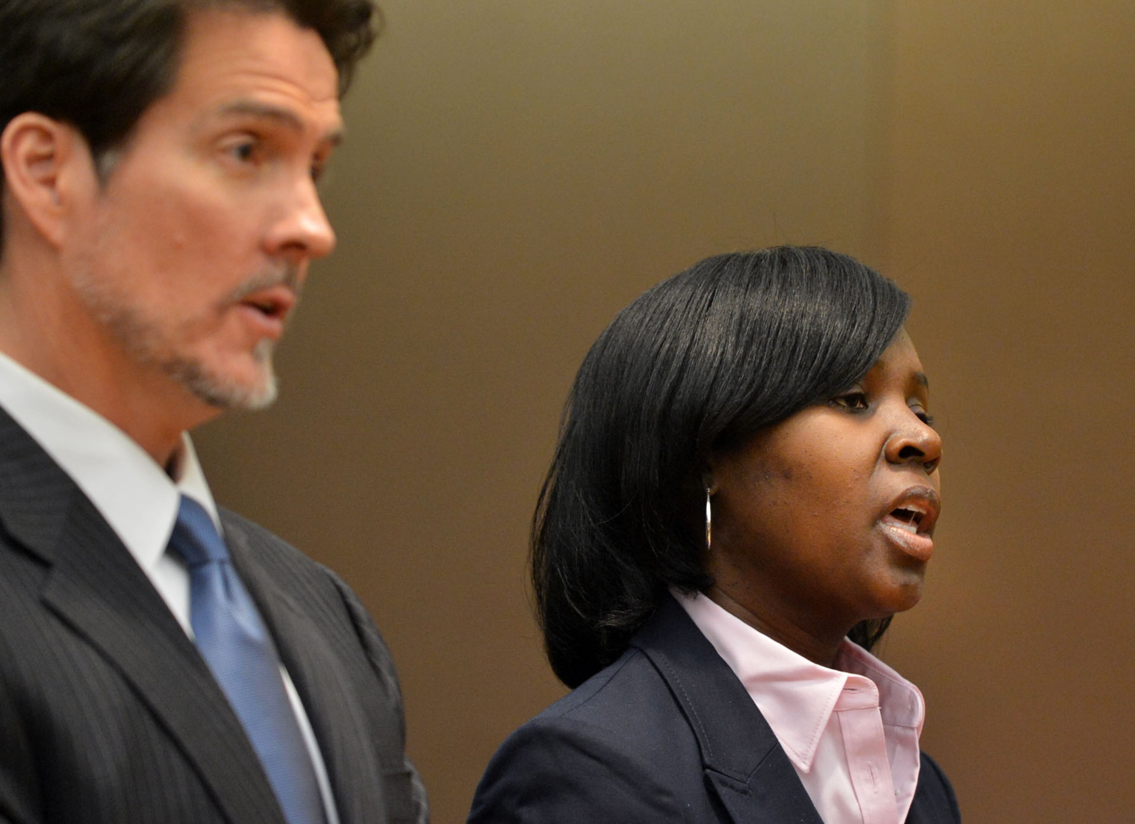 Sandra Ward, sits with her attorney Page Pate during the hearing. Ward. a former administrator at Parks Middle School, pleaded guilty to a reduced charge. She was sentenced to serve one year probation, repay $5,000 she received in bonus money, perform 250 hours of community service and cooperate with the prosecution. Educators in the Atlanta Public Schools cheating scandal enter pleas before Judge Jerry Baxter in Fulton County Superior Court Friday, February 21, 2014. Any defendants in the widespread Atlanta Public Schools cheating case who don't make guilty pleas by the end of Friday will likely go on trial this spring, including Superintendent Beverly Hall and senior members of her staff. KENT D. JOHNSON / KDJOHNSON@AJC.COM