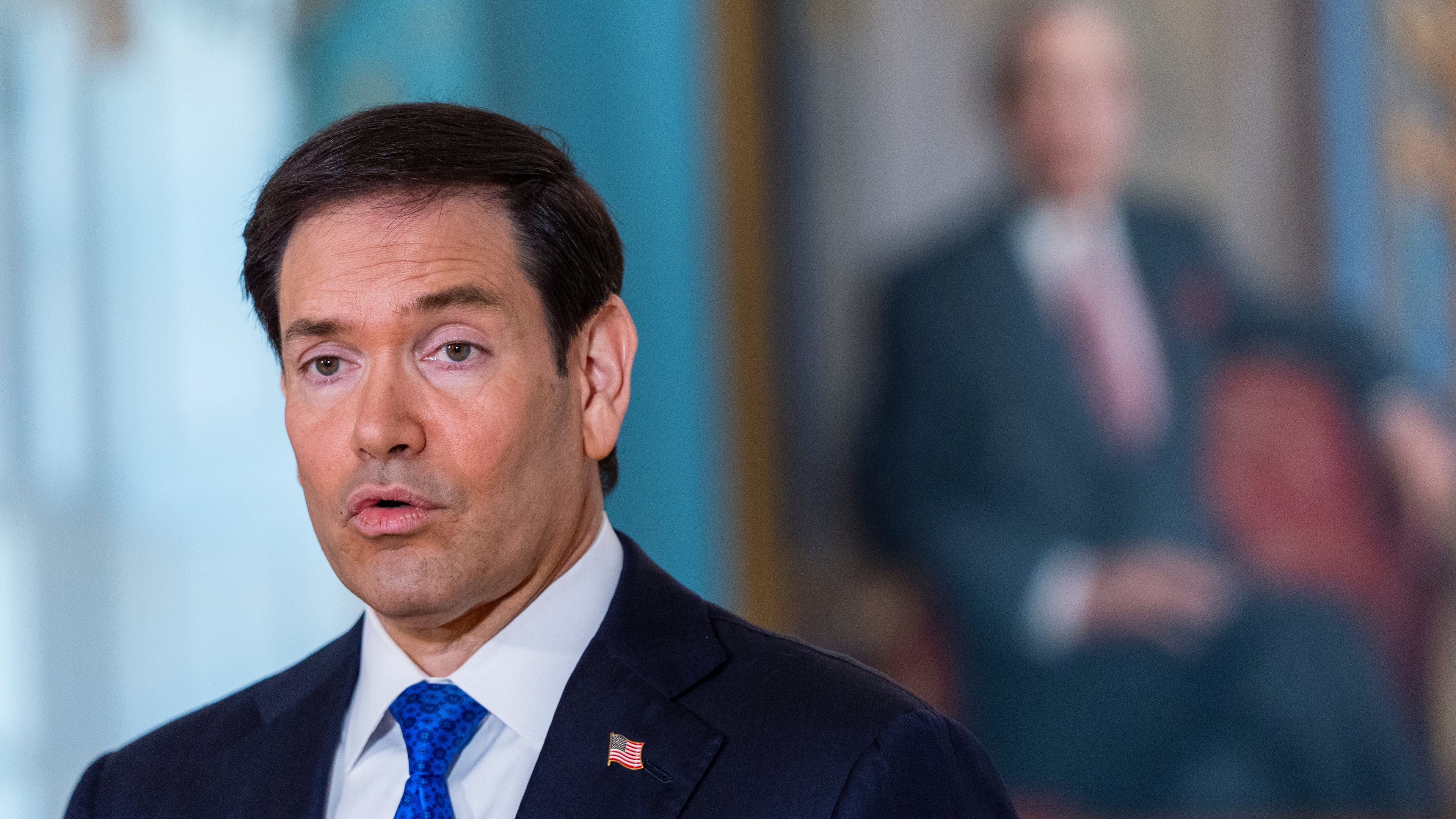 Secretary of State Marco Rubio speaks to reporters before a meeting with 2015 Venezuelan National Assembly President Dinorah Figuera in the Treaty Room at the State Department, Friday, Oct. 9, 2026, in Washington. (AP Photo/Manuel Balce Ceneta)