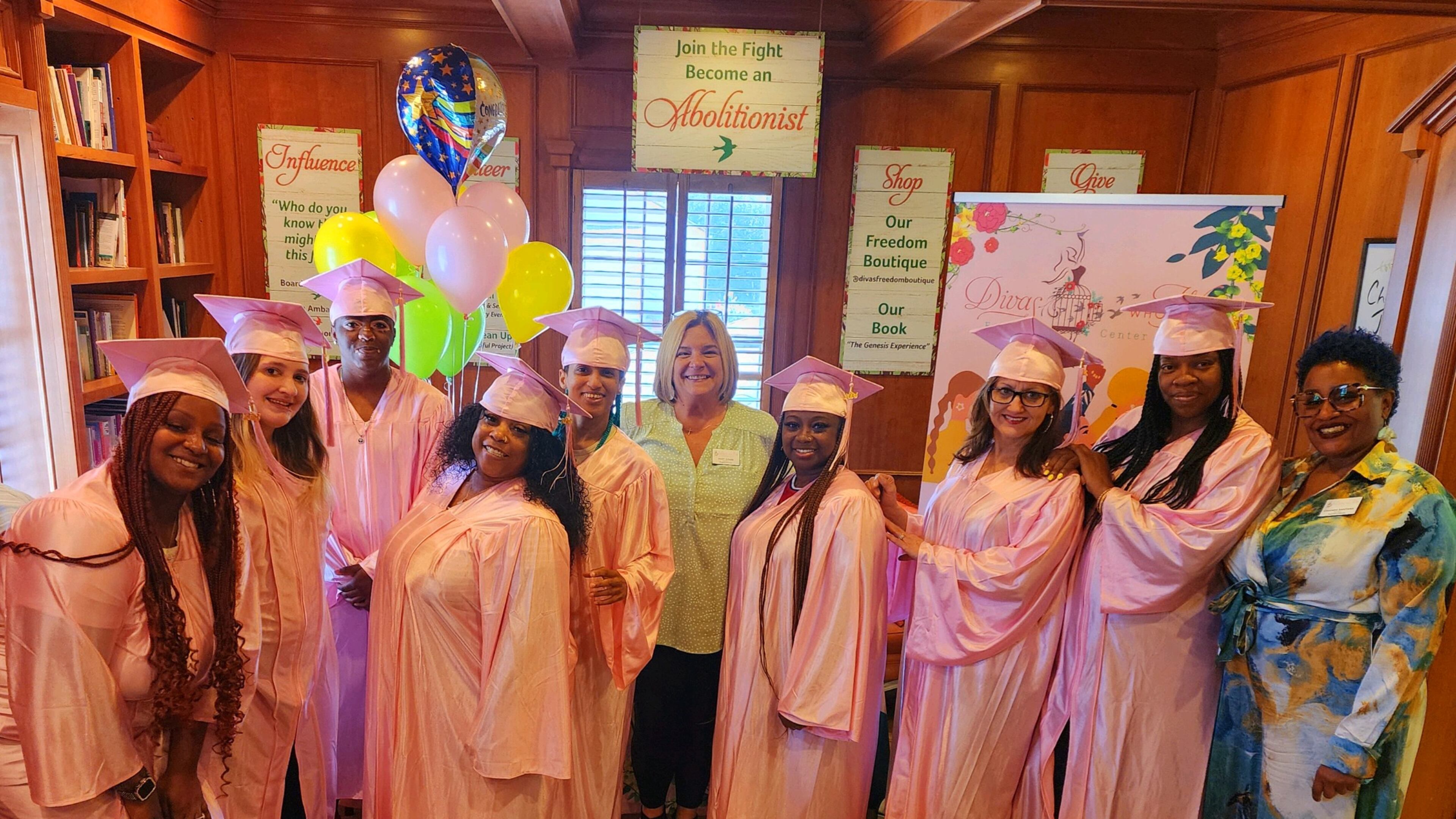 Chanda Santana, far right, founder of Divas Who Win Freedom Center, with women who have completed her nonprofit's workforce development program in Athens. Divas has asked for $472,700 in Georgia Opioid Crisis Abatement Trust funding for buying a pair of vans, renovating a nearby building for its program and expanding its services to the five counties bordering Clarke County amid the deadly opioid overdose epidemic. (Courtesy)