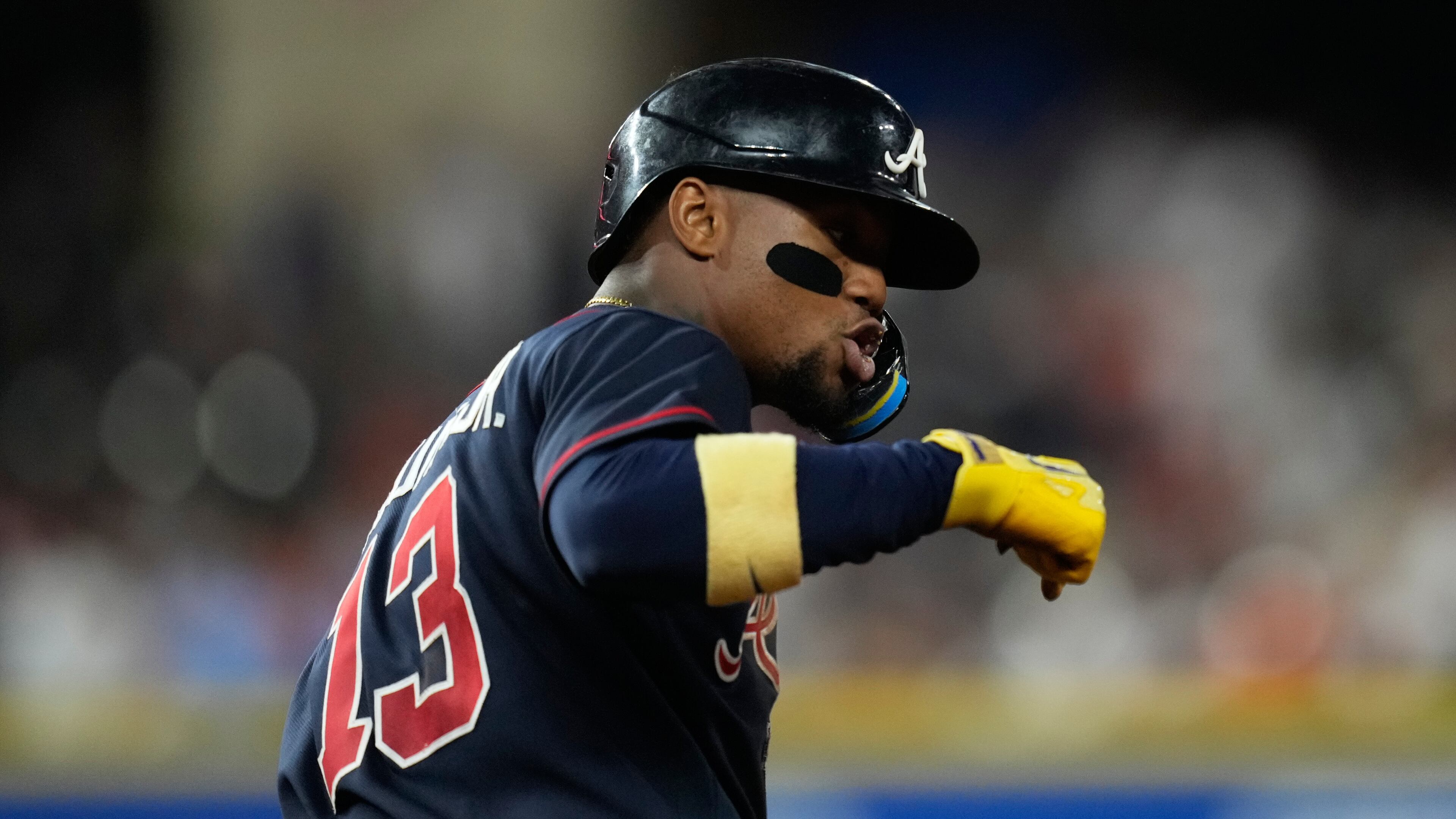 Braves right fielder Ronald Acuña Jr. celebrates after hitting a grand slam against the Astros on Saturday, Sept. 19, 2026, in Houston. The Braves open a three-game series Tuesday at Truist Park. (Ashley Landis/AP)