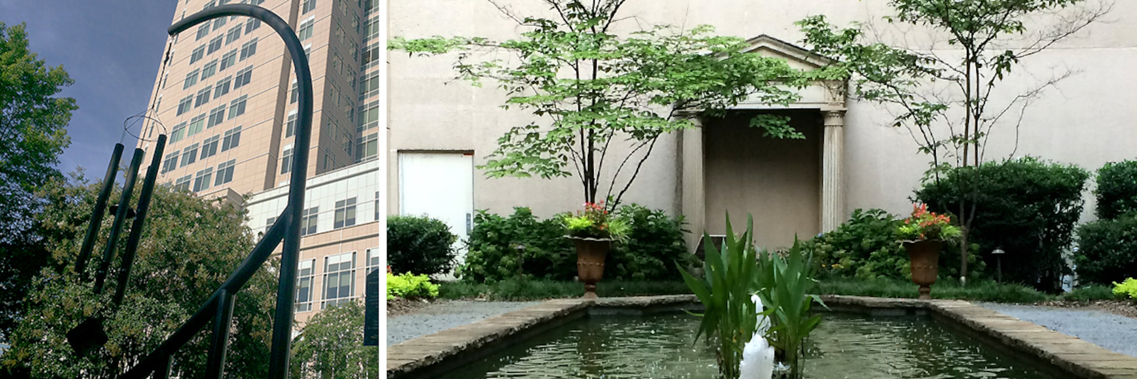 Emory University Hospital Midtown features a giant windchime sculpture and a koi pond that preserves the vestibule of a demolished nursing school.