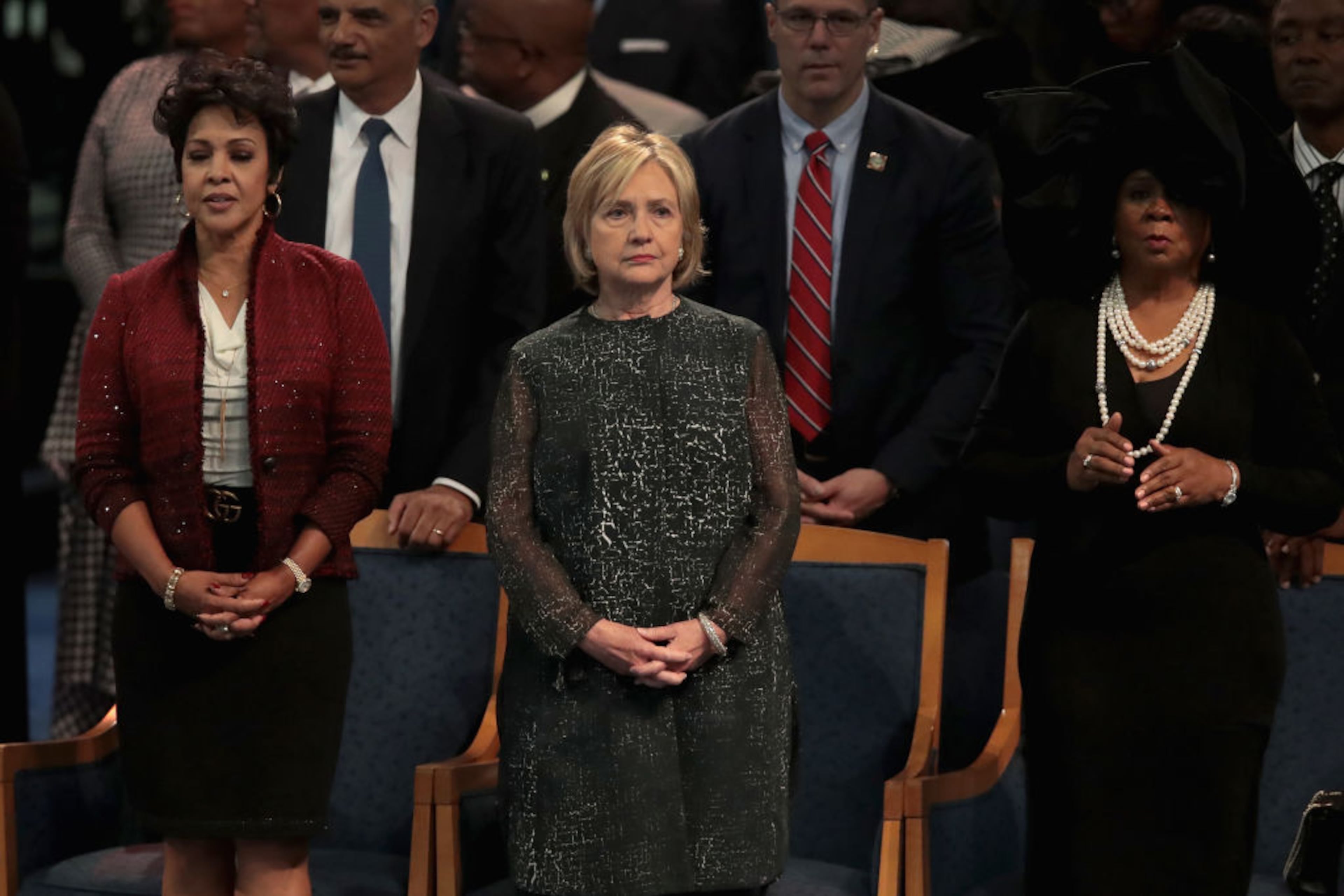 DETROIT, MI - AUGUST 31: Former Secretary of State Hillary Clinton (C) attends the funeral for Aretha Franklin at the Greater Grace Temple on August 31, 2018 in Detroit, Michigan. Franklin died at 76 at her home in Detroit on August 16. (Photo by Scott Olson/Getty Images)