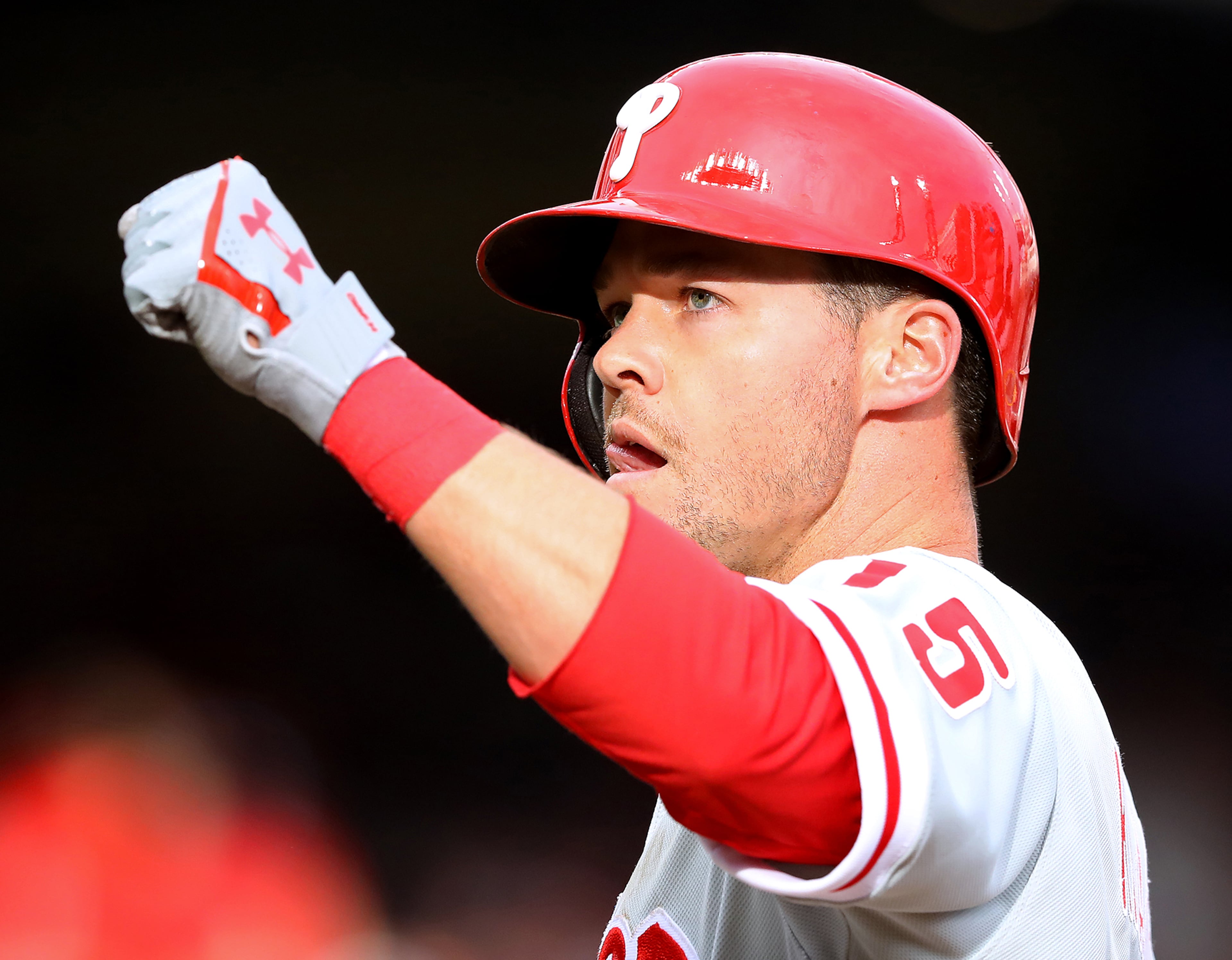 March 29, 2018 Atlanta: Phillies catcher Andrew Knapp reacts at first base after hitting a 2-RBI single to take a 5-0 lead over the Braves during the sixth inning in a MLB baseball home opening game on Thursday, March 29, 2018, in Atlanta. Curtis Compton/ccompton@ajc.com