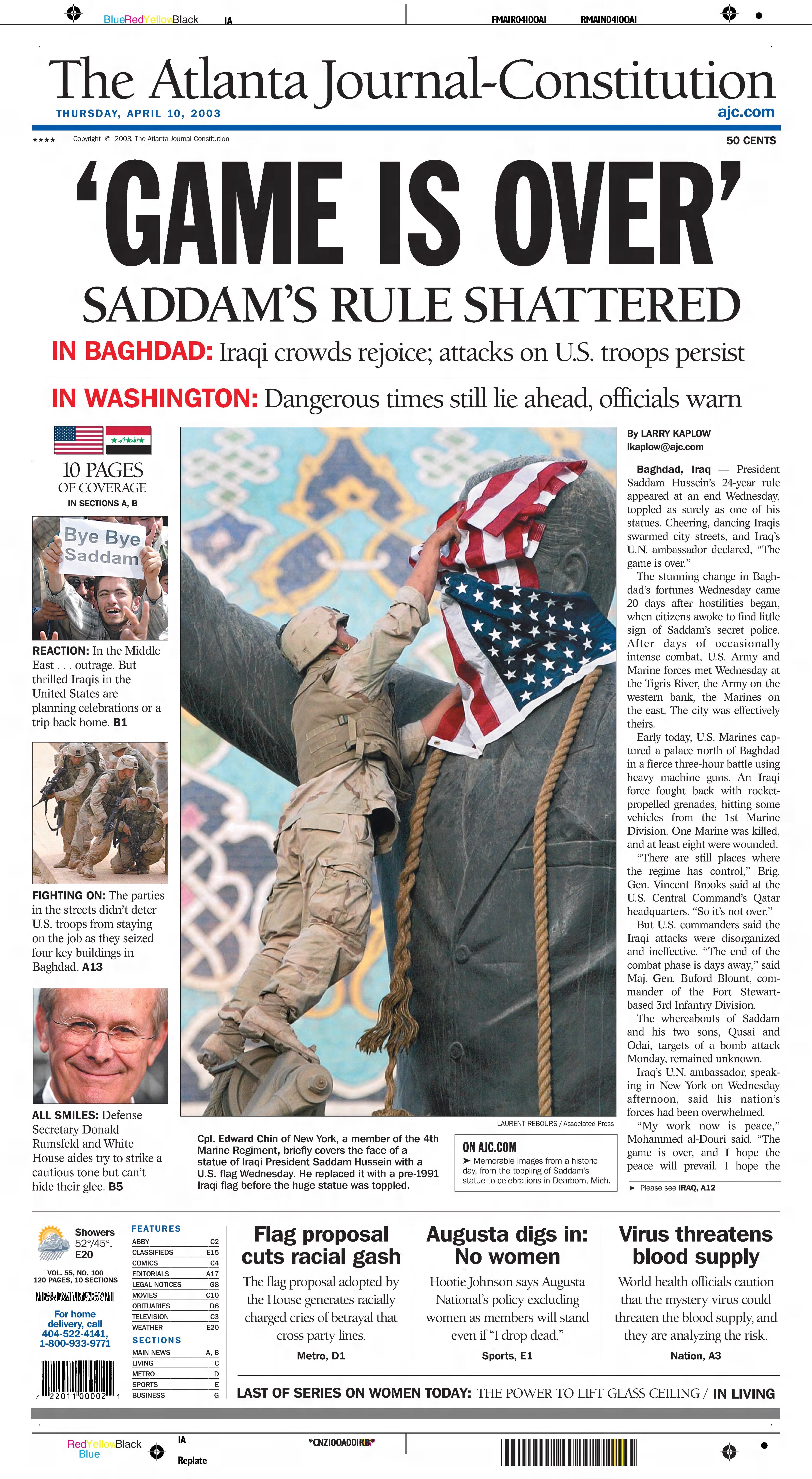 The AJC front page on April 10, 2003.