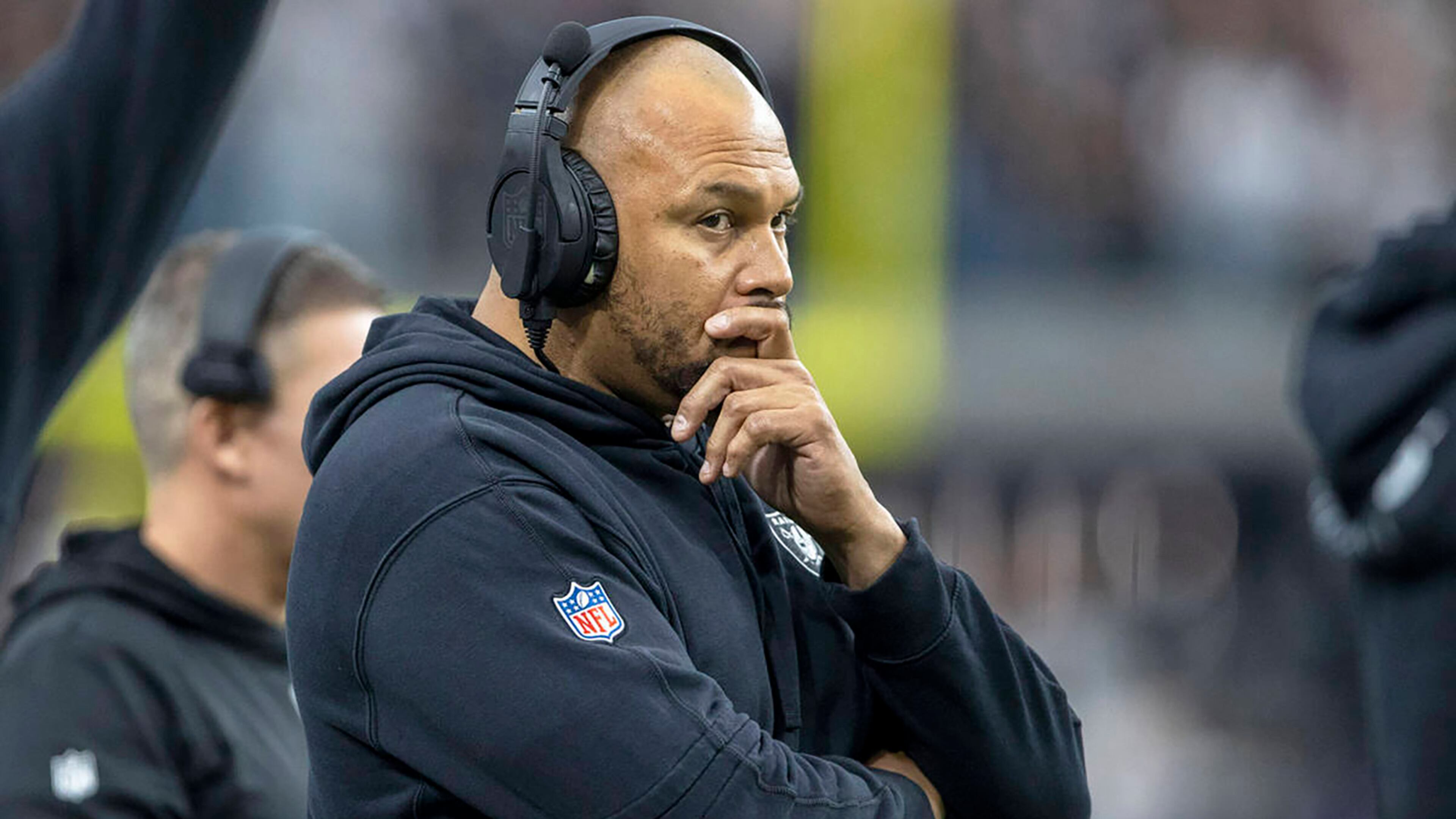 Las Vegas Raiders interim head coach Antonio Pierce watches the team play from the sideline during the first half against the Denver Broncos at Allegiant Stadium on Jan. 7, 2024, in Las Vegas. (Heidi Fang/Las Vegas Review-Journal/TNS)