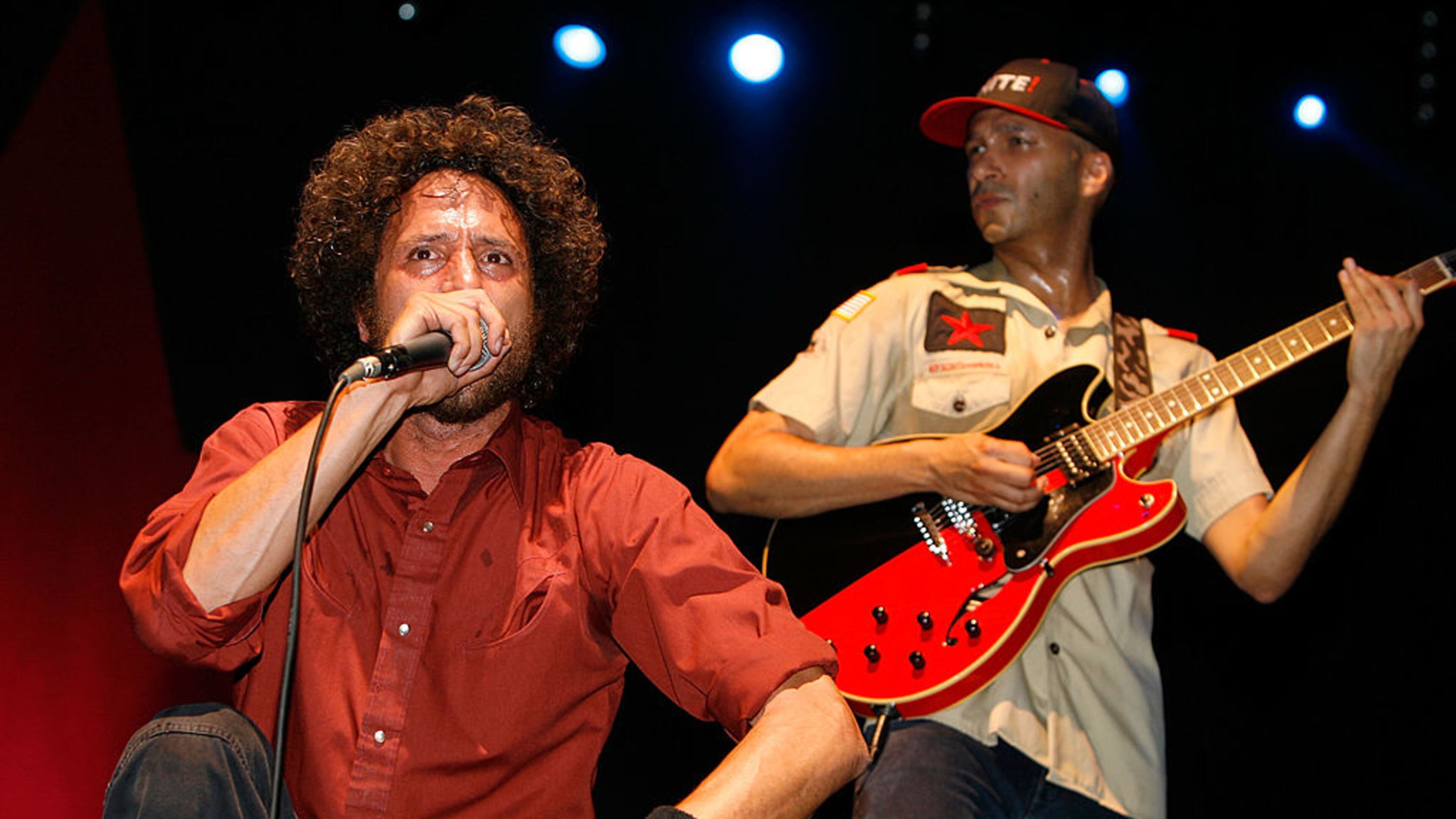 Bandmates Zack de la Rocha, left, and Tom Morello from Rage Against the Machine are scheduled to reunite with other group members in 2020.