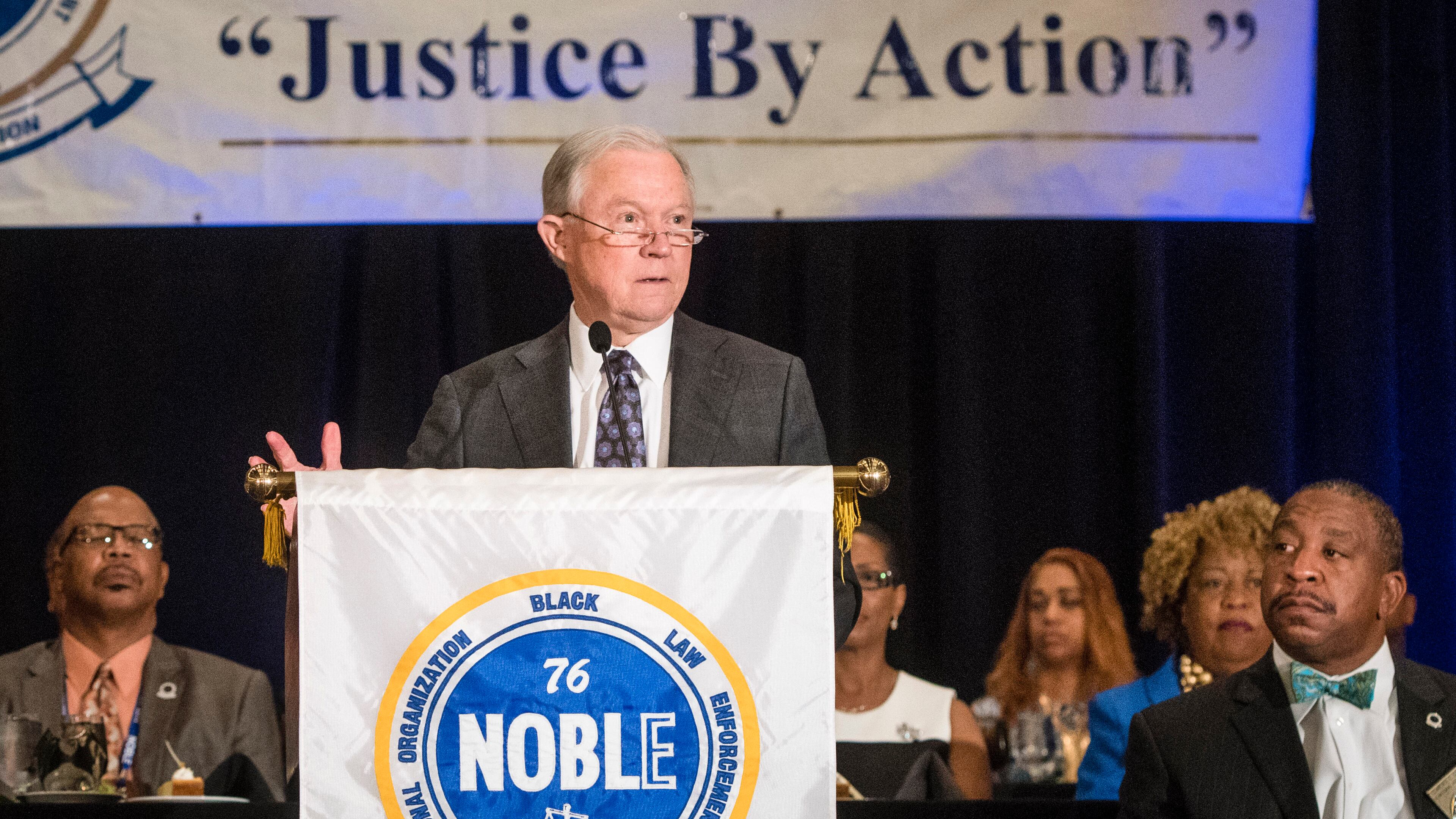 Attorney General Jeff Sessions addresses the National Organization of Black Law Enforcement Executives during a conference, Tuesday, August 1, 2017, in Atlanta. (John Amis)