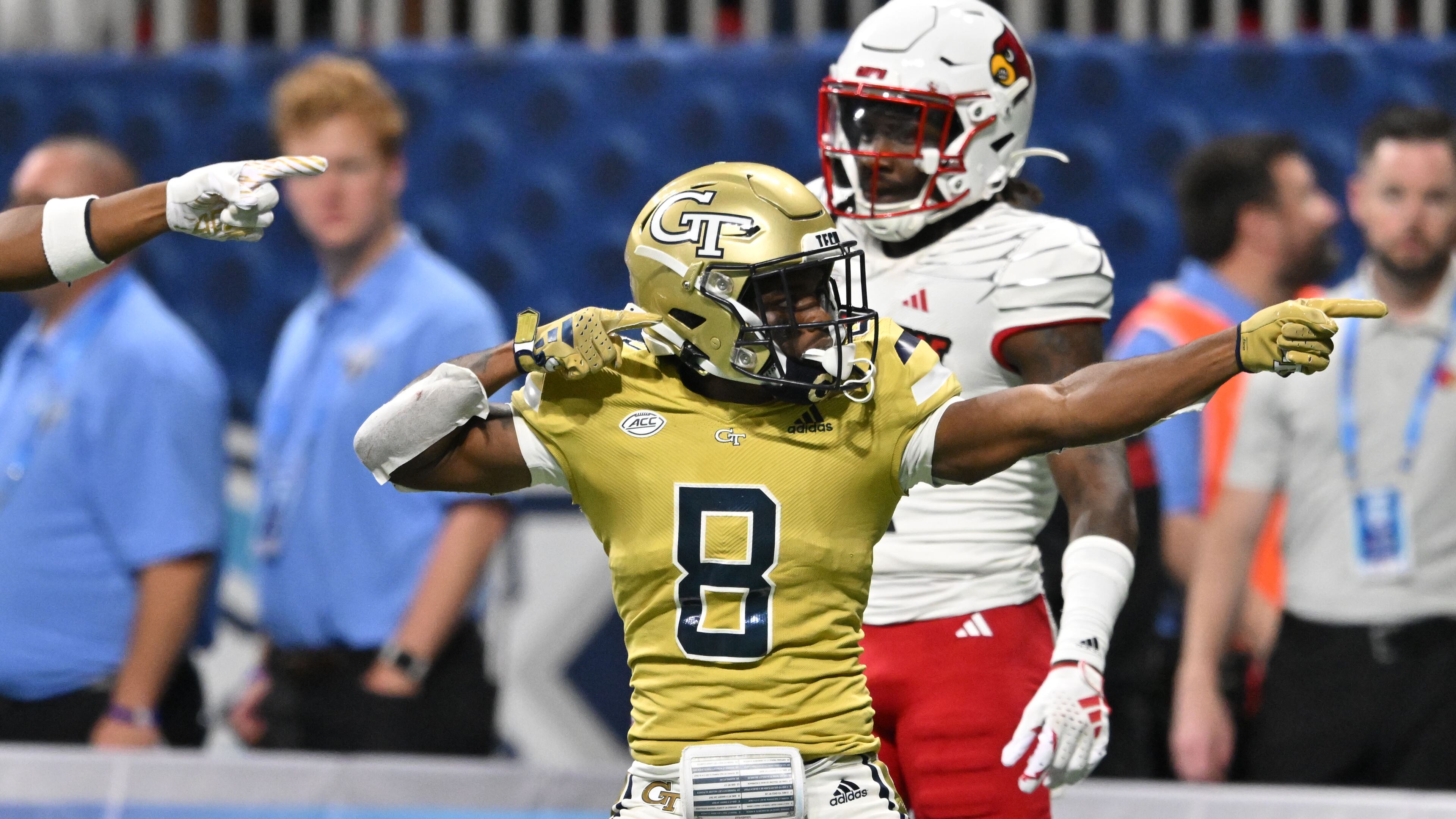 Georgia Tech's wide receiver Malik Rutherford (8) celebrates after running for a long first down run during the first half of the inaugural Aflac Kickoff Game at Mercedes-Benz Stadium, Friday, September 1, 2023, in Atlanta. Louisville won 39-34 over Georgia Tech. (Hyosub Shin / Hyosub.Shin@ajc.com)