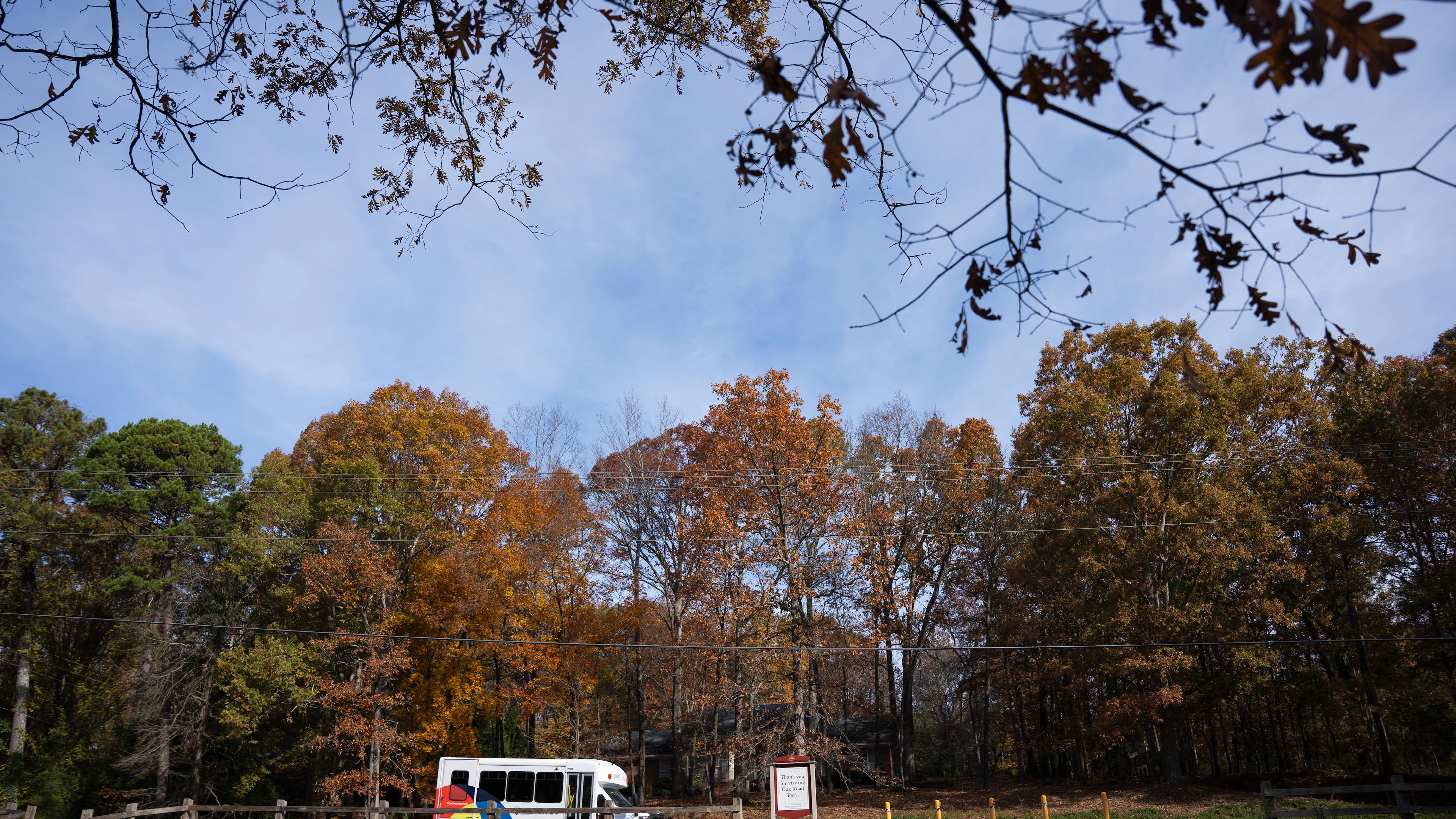 The Gwinnett Micro Transit bus pulls up to a suburban park to pick up passengers in Snellville, Georgia on Wednesday, Nov. 27, 2024 (Olivia Bowdoin for the AJC).