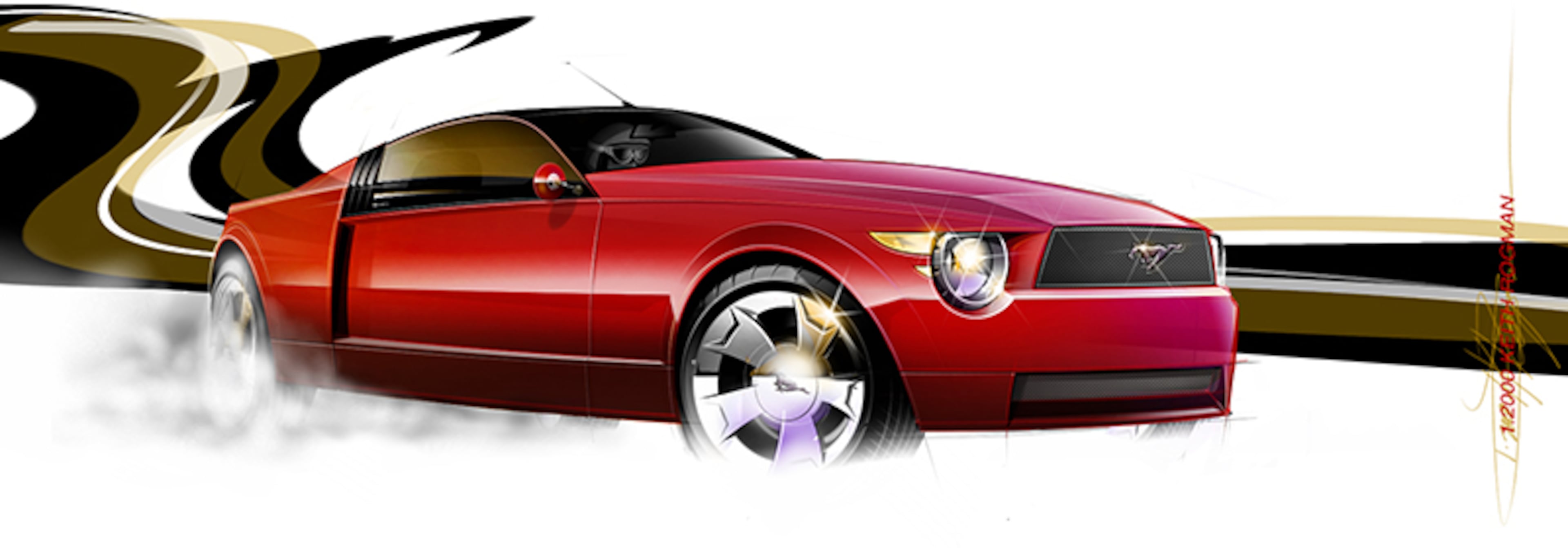 Another straight-edge approach, this time with large round headlamps. It still looks more like a tank than a Mustang.