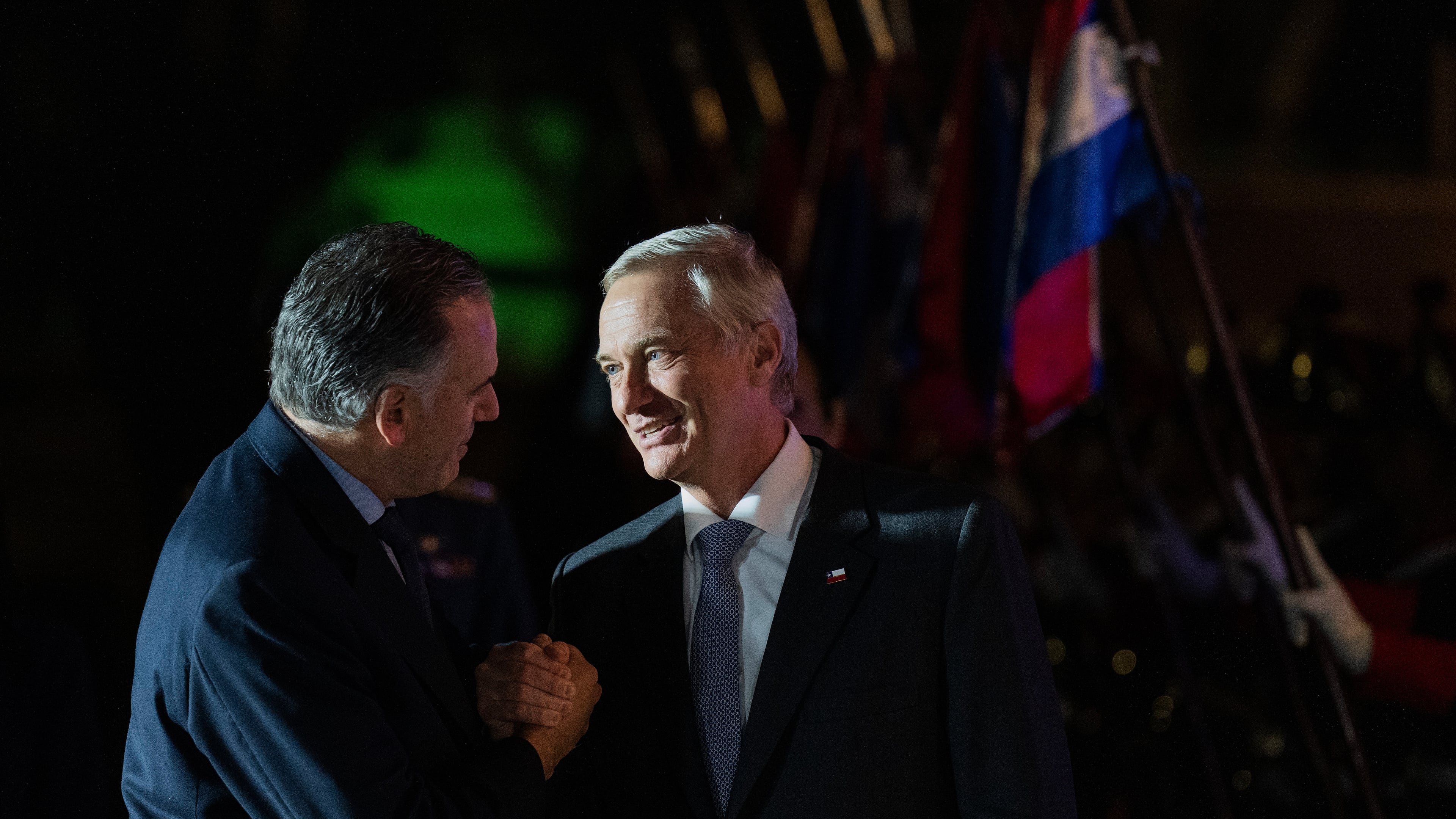 Uruguay's President Yamandu Orsi, left, shakes hands with Chile's President Jose Antonio Kast during an official meeting at the presidential residence in Montevideo, Uruguay, Wednesday, July 1, 2026. (AP Photo/Matilde Campodonico)