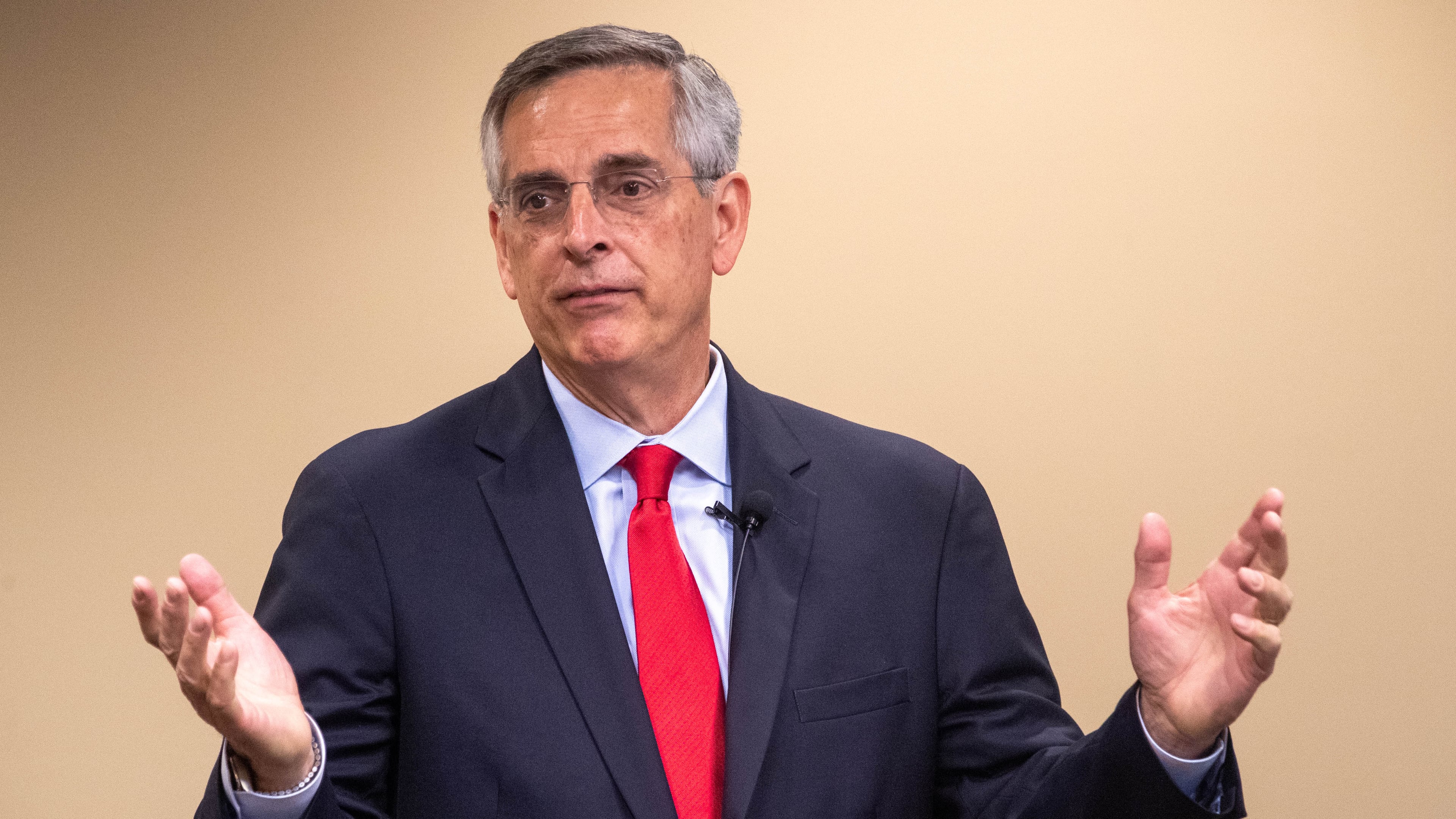 Georgia Secretary of State Brad Raffensperger, speaking Monday to the Rotary Club of Savannah, pushed back against calls by activists to move to a system of hand-marked paper ballots in 2024. He said “over 99% of voters" reported having a good experience casting ballots in last year's midterm elections. “That’s kind of like showing up at Chick-fil-A and not having a long wait,” Raffensperger said. (Katelyn Myrick/katelyn.myrick@ajc.com)