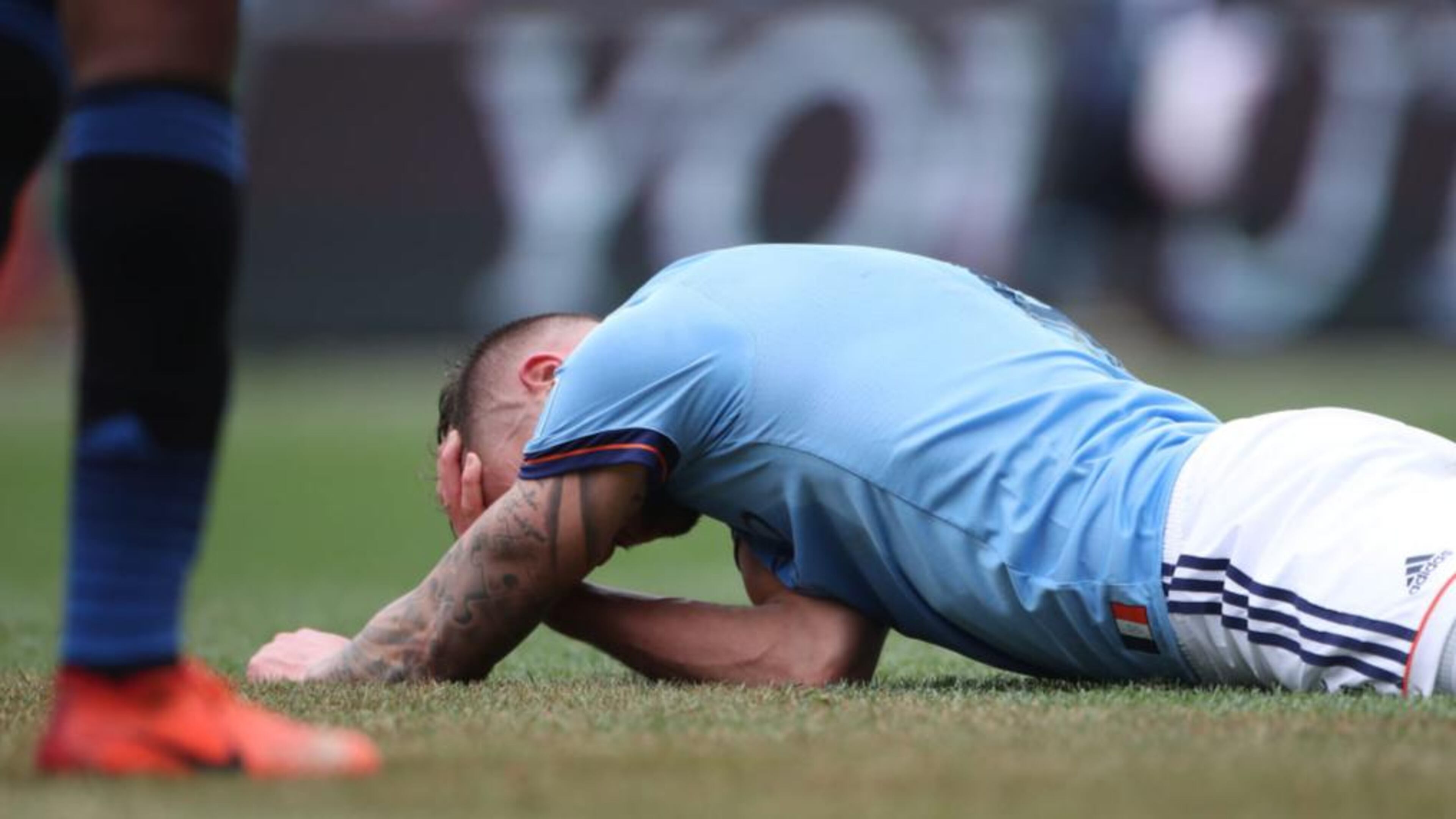 Maxime Chanot #4 of New York City FC holds his head after a clash of heads form a corner kick during the New York City FC Vs San Jose Earthquakes regular season MLS game at Yankee Stadium on April 1, 2017 in New York City.