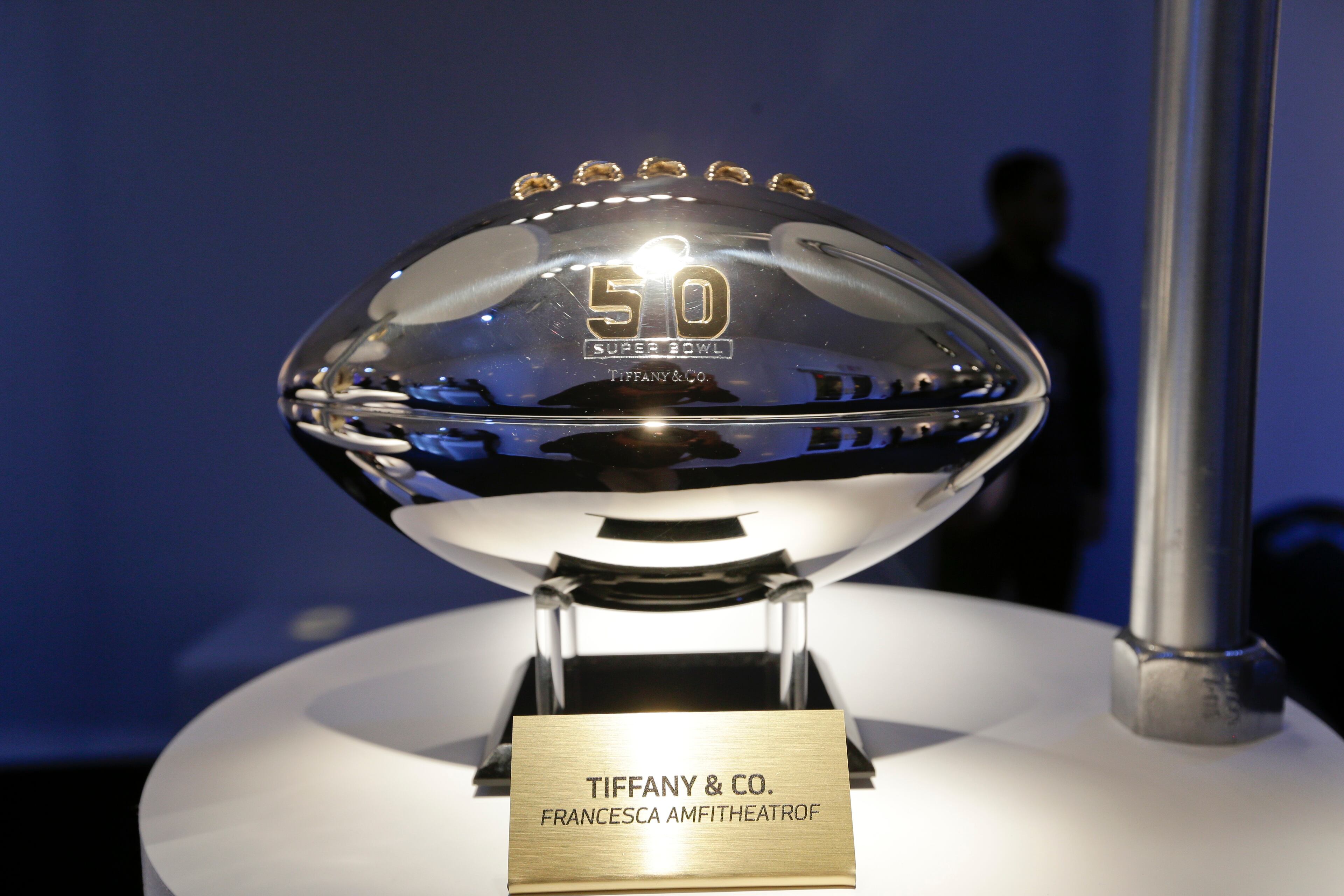 A Tiffany & Co. football is presented at the displayed of the CFDA Footballs Wednesday, Jan. 20, 2016, at the NFL headquarters in New York. In celebration of Super Bowl 50 and in support of the NFL Foundation, the NFL and the Council of Fashion Designers of America have collaborated on 50 Bespoke Designer Footballs created by CFDA Members. (AP Photo/Frank Franklin II)