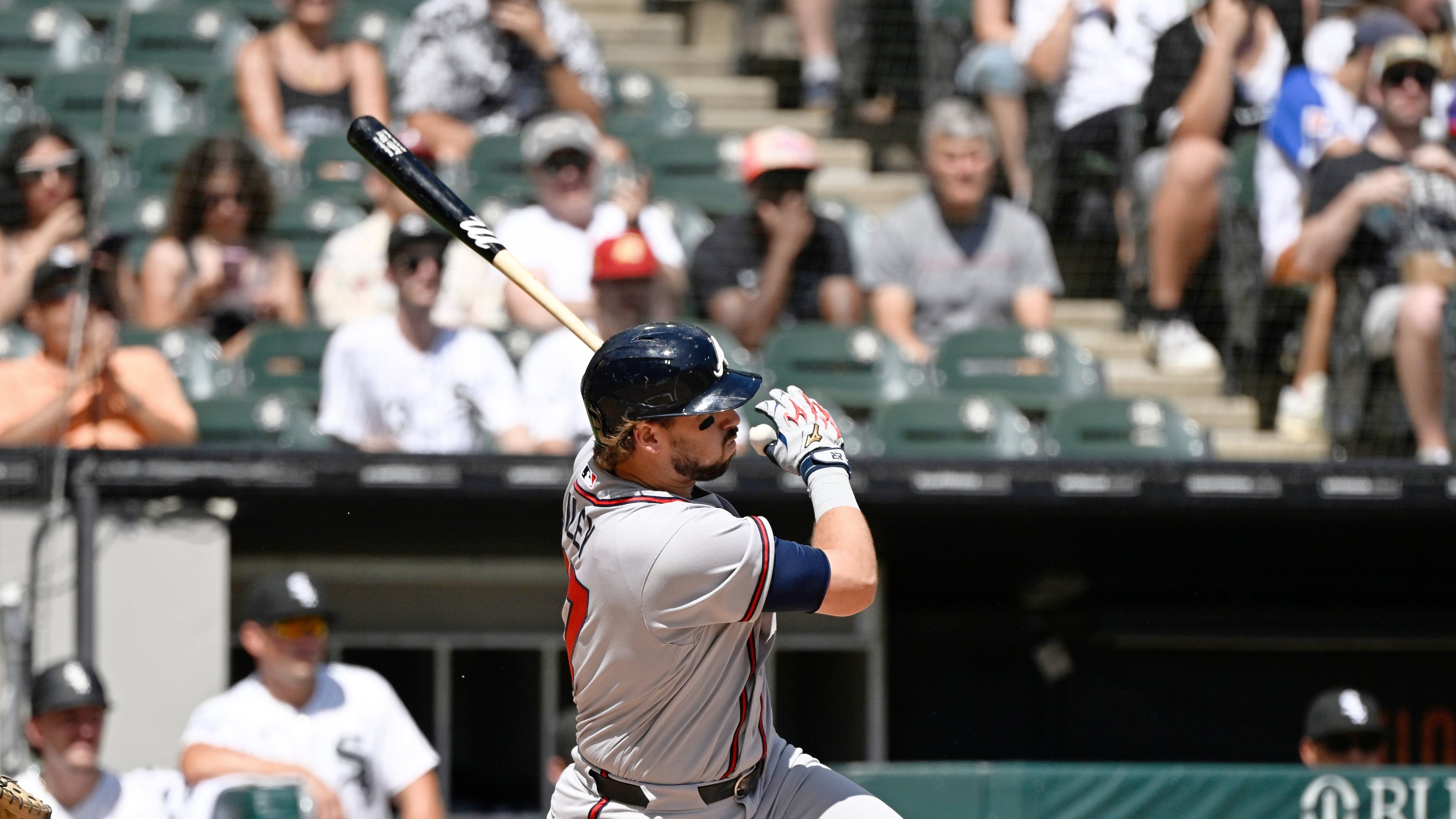 Atlanta Braves' Austin Riley hits a one-run double during the third inning of a baseball game against the Chicago White Sox, Thursday, Aug. 20, 2026, in Chicago. (AP Photo/Matt Marton)