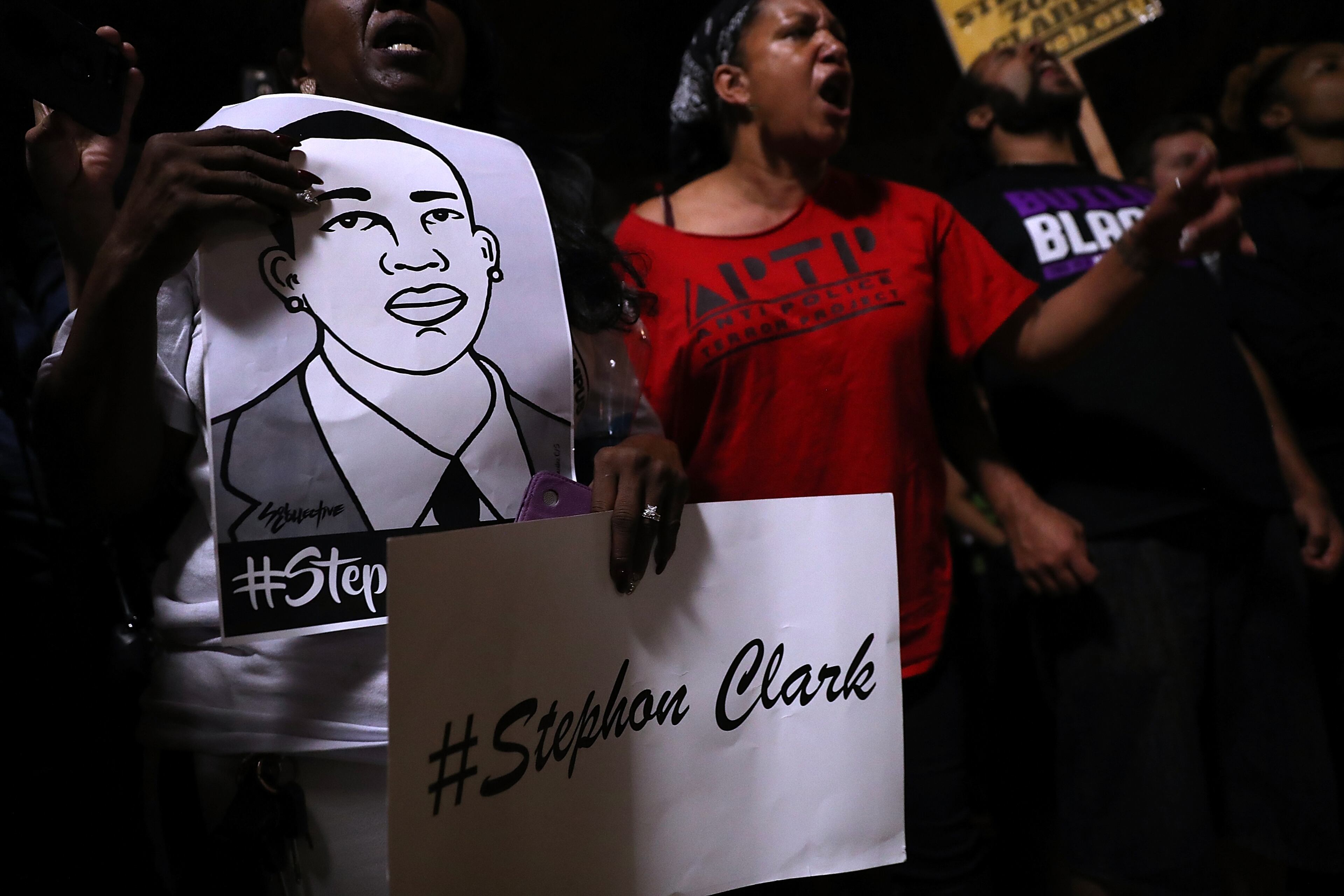 SACRAMENTO, CA - MARCH 30: Black Lives Matter protesters stage a demonstration in front of Sacramento City Hall on March 30, 2018 in Sacramento, California. Hundreds of Black Lives Matter protesters marched through the streets of Sacramento demanding justice for Stephon Clark, who was shot and killed by Sacramento police on March 18. An independent autopsy commissioned by the Clark family revealed that Stephon Clark had been shot 8 times with most of the shots hitting him in the back. (Photo by Justin Sullivan/Getty Images)