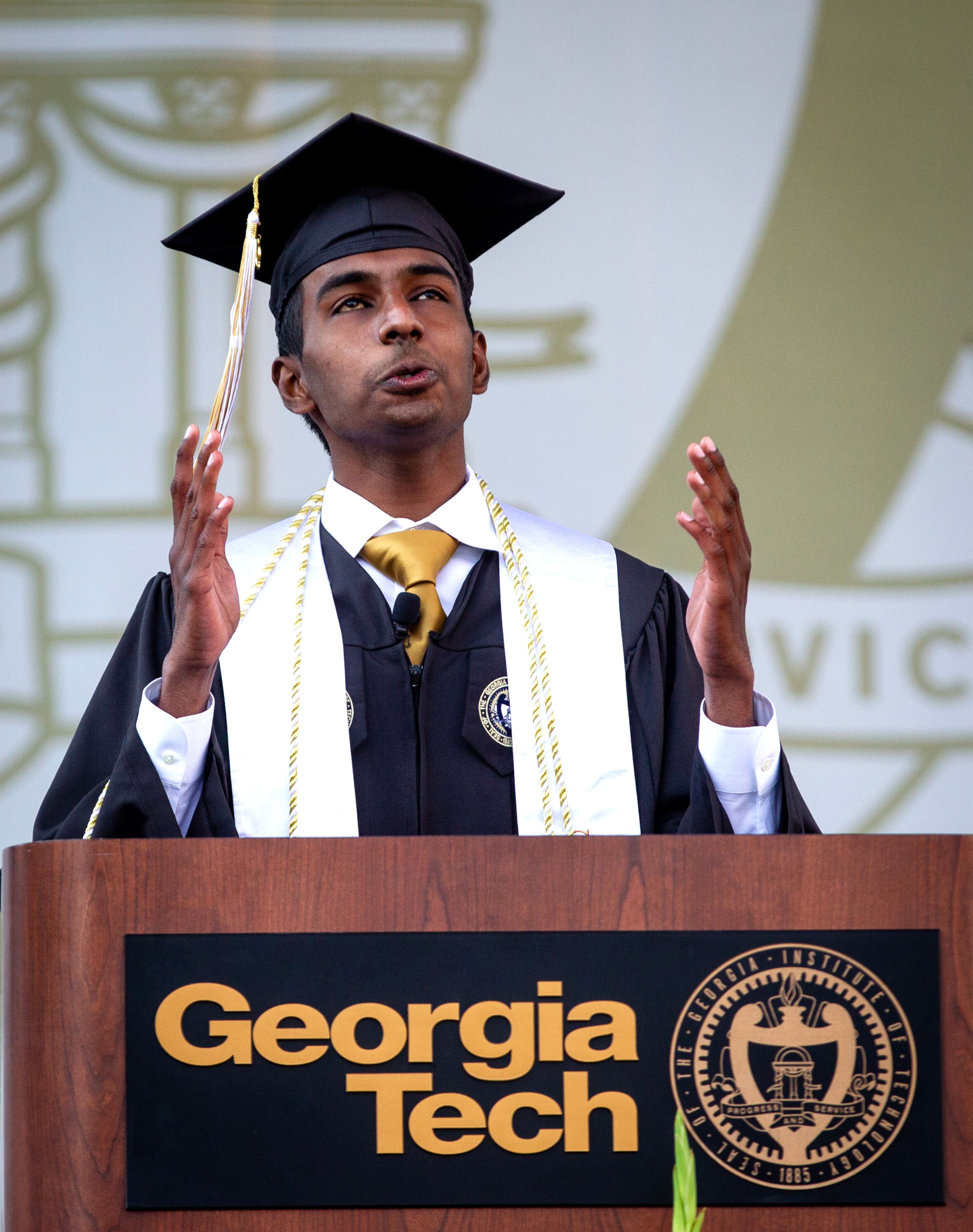 Sidartha Rakuram speaks at the 2021 commencement ceremony at Bobby Dodd Stadium on Saturday, May 8, 2021. Two ceremonies were held Saturday for bachelor’s degree recipients, and master's and doctoral graduates' ceremonies were held Friday. (Photo: Steve Schaefer for The Atlanta Journal-Constitution)