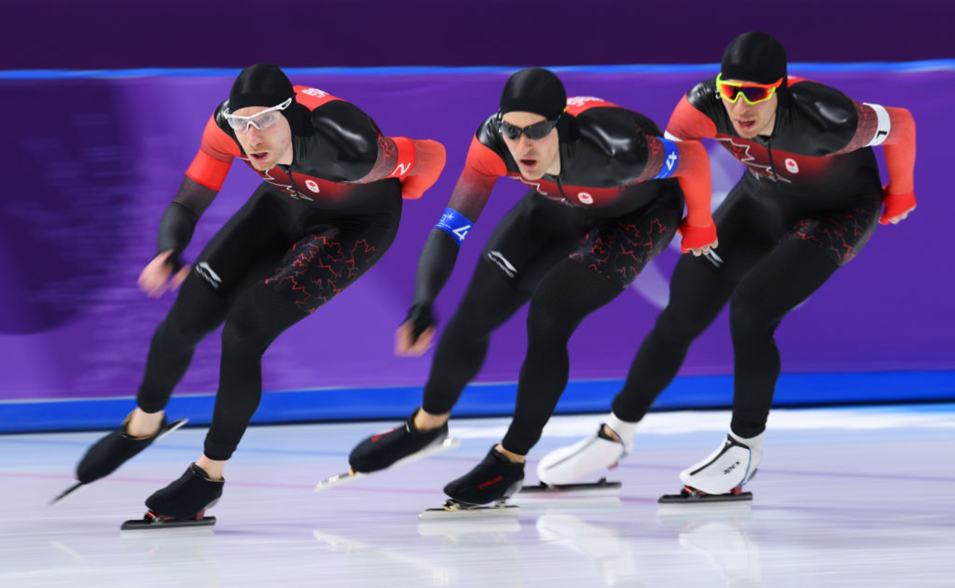 GANGNEUNG, SOUTH KOREA - FEBRUARY 18: Ted-Jan Bloemen, Denny Morrison and Jordan Belchos of Canada compete during the Men's Team Pursuit Speed Skating Quarter Finals on day nine of the PyeongChang 2018 Winter Olympic Games at Gangneung Oval on February 18, 2018 in Gangneung, South Korea. (Photo by Harry How/Getty Images)