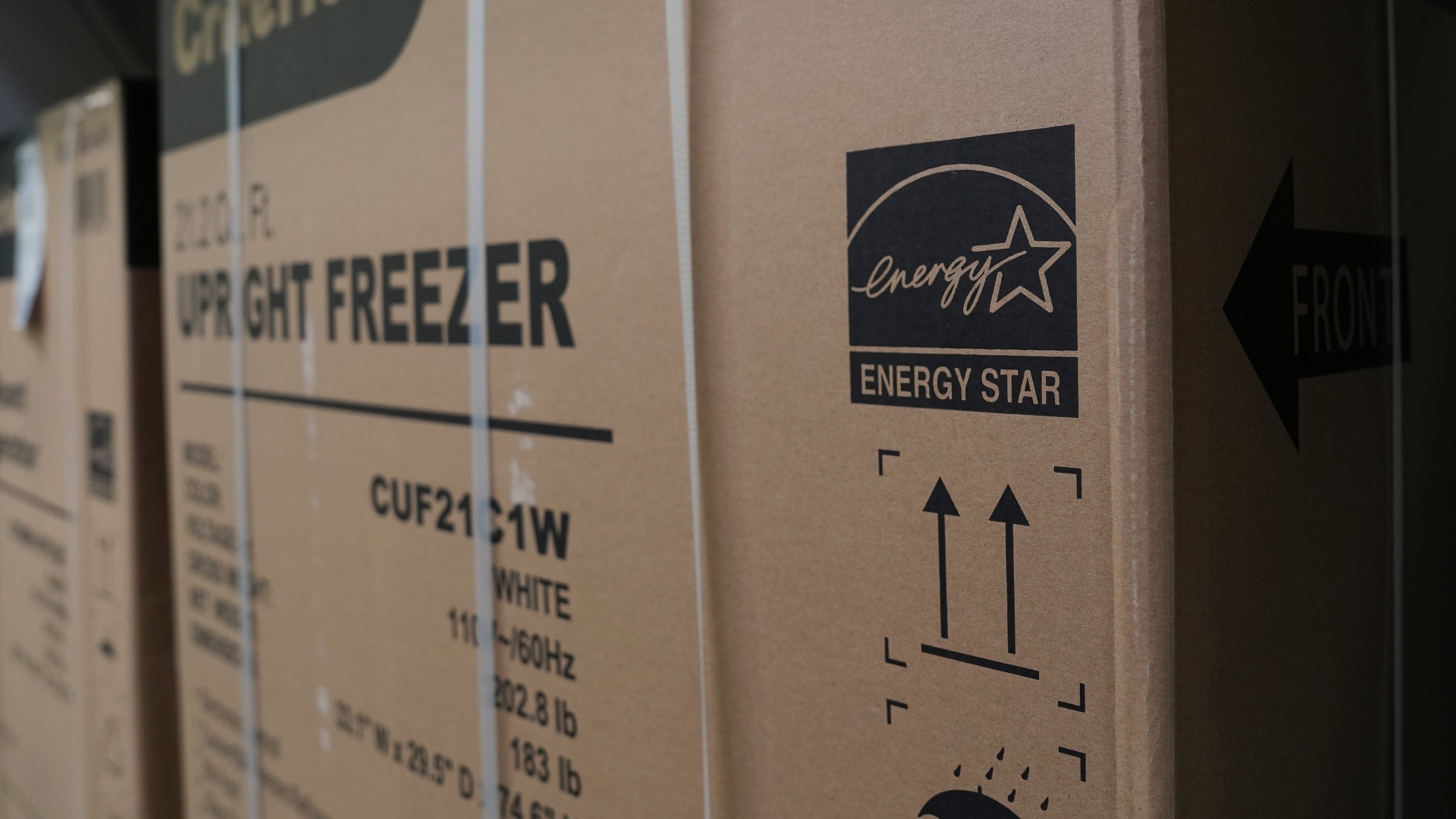 FILE - An Energy Star logo is displayed on a box for a freezer Jan. 21, 2025, in Evendale, Ohio. (AP Photo/Joshua A. Bickel, File)