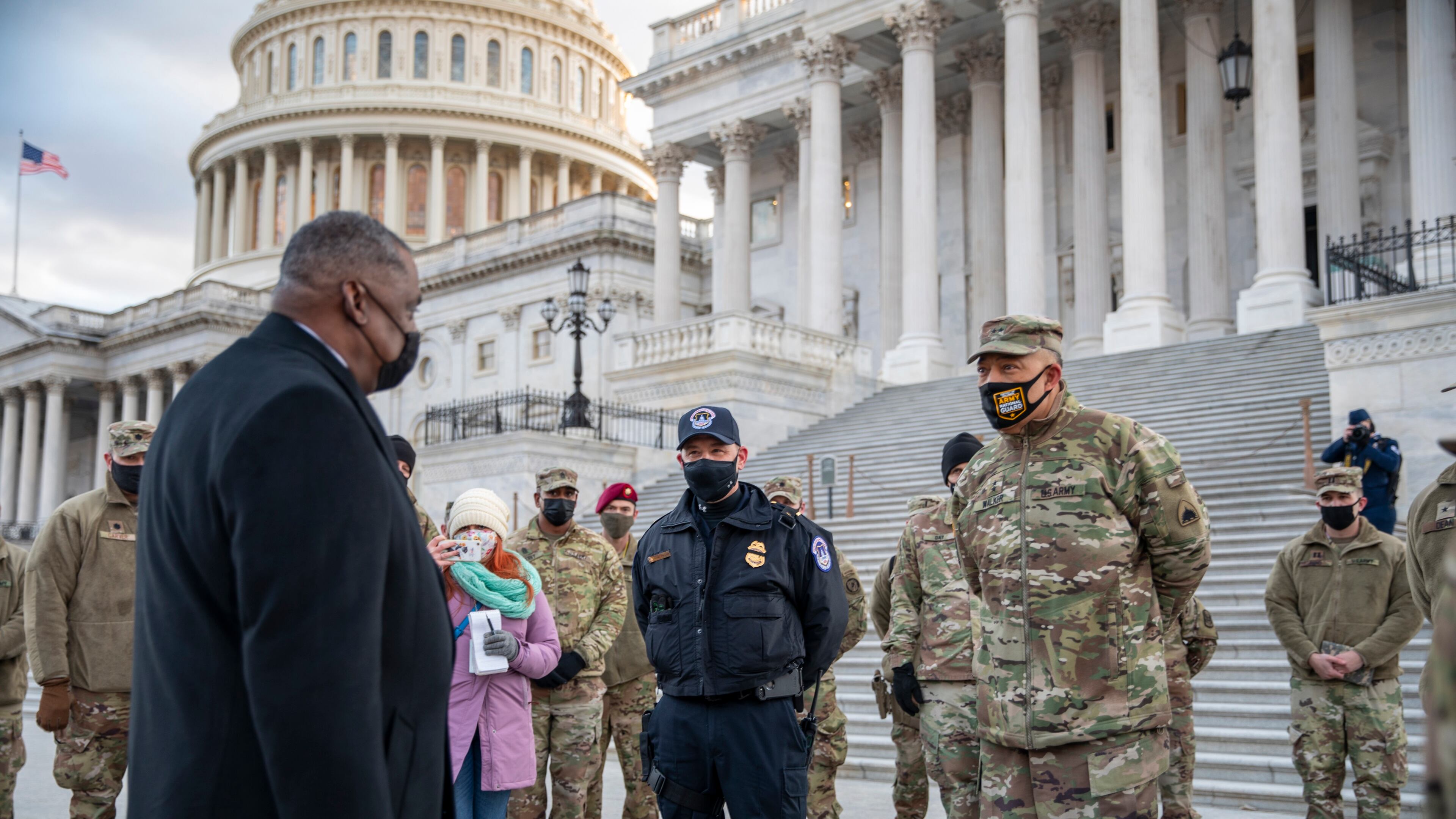 U.S. Secretary of Defense Lloyd Austin III met with U.S. Army Maj. Gen. William J. Walker, commanding general of the District of Columbia National Guard, and senior leaders at the U.S. Capitol on Jan. 29. U.S. Army National Guard photo by Staff Sgt. Erica Jaros