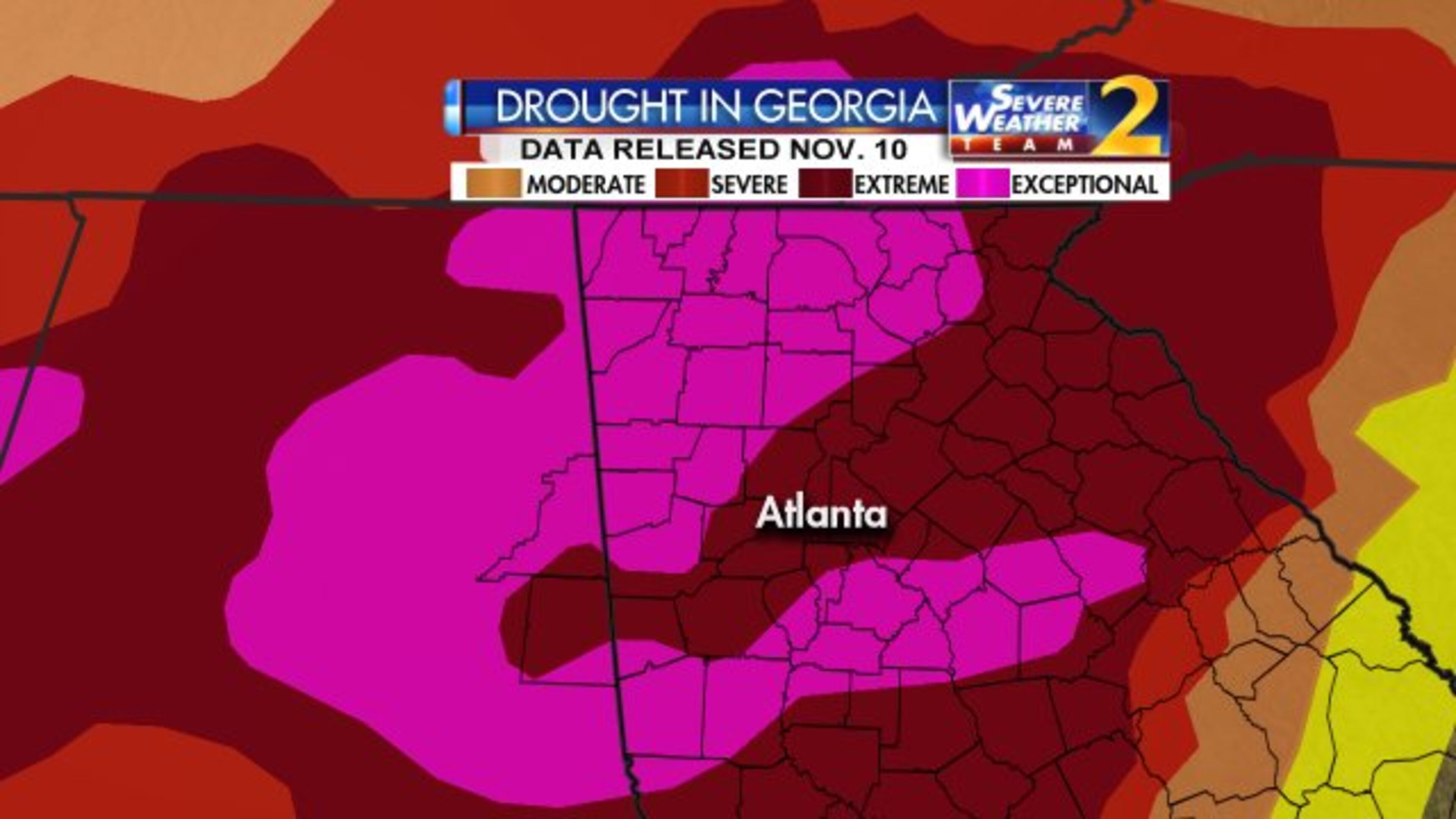 More than 17 percent of Georgia was in an “exceptional” drought, the worst classification. (Credit: Channel 2 Action News)