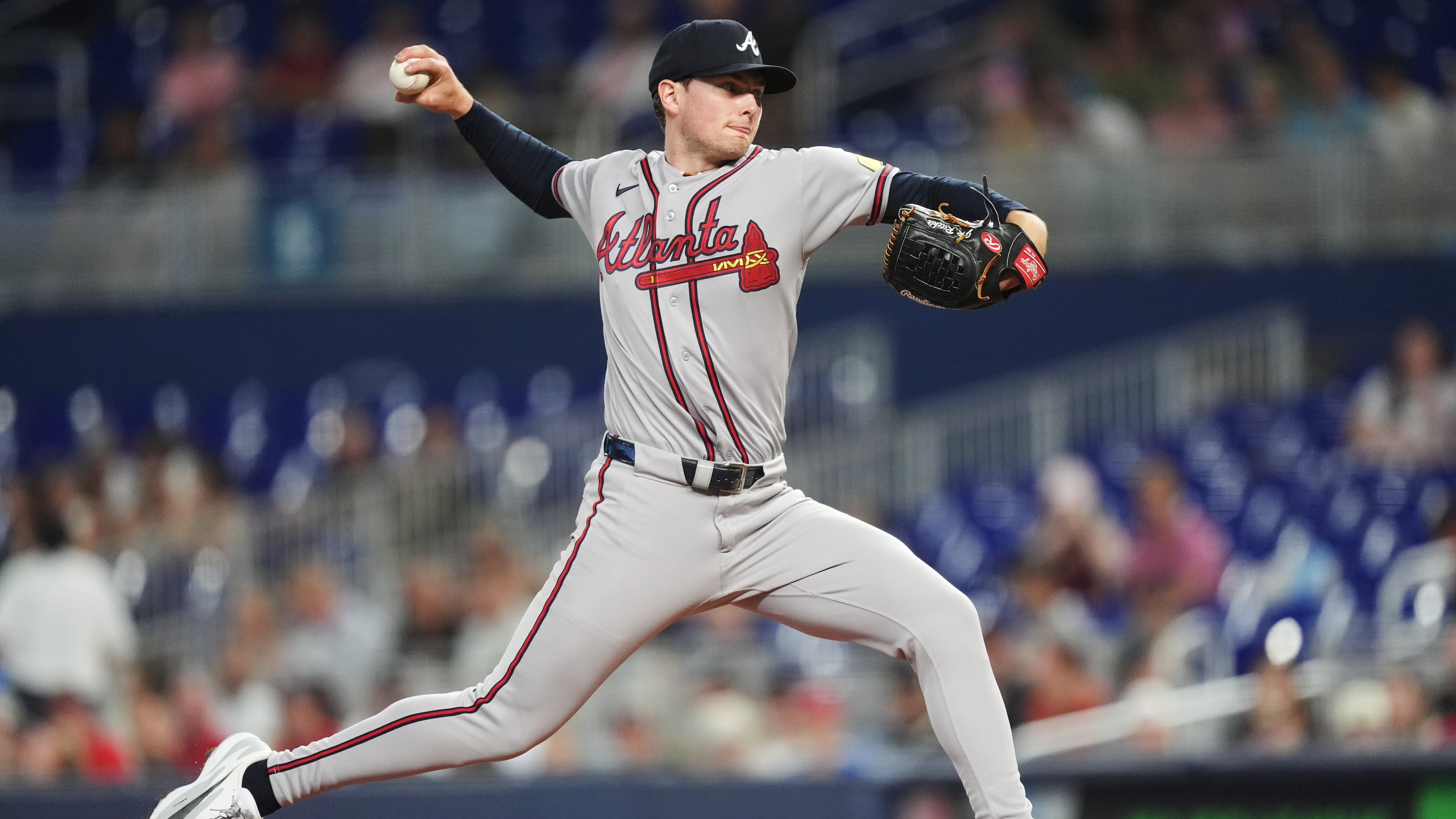 Braves starting pitcher JR Ritchie throws against the Marlins on Monday, May 18, 2026, in Miami. Ritchie is having the year many expected, splitting time between Triple-A Gwinnett and the majors. (Rebecca Blackwell/AP)